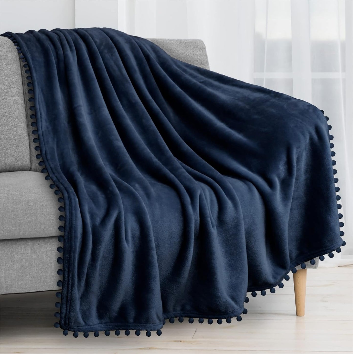 PAVILIA Fleece Throw Blanket for Couch with Pom Pom Fringe, Navy Blue, Soft Cozy Fuzzy Flannel Blanket for Sofa Bed, Large Lightweight Plush All Season Throw, 60x80 Inches