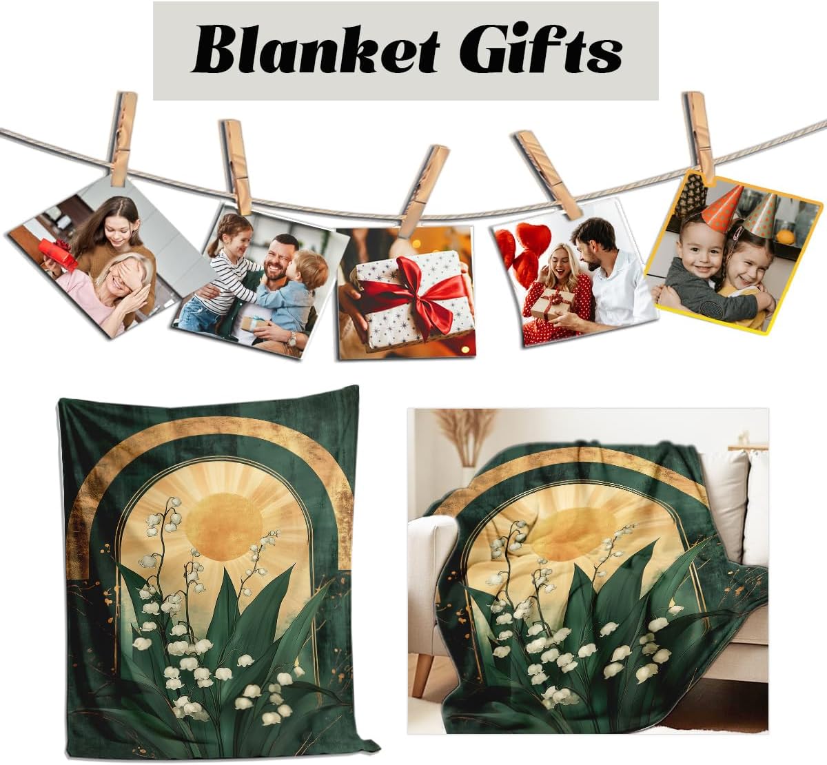 White Floral Blanket Lily of The Valley Print Throw Wildflower Blanket Queen Size Flowers Flannel Bedding Couch Sofa Bed Living Room Decor 49"x59"