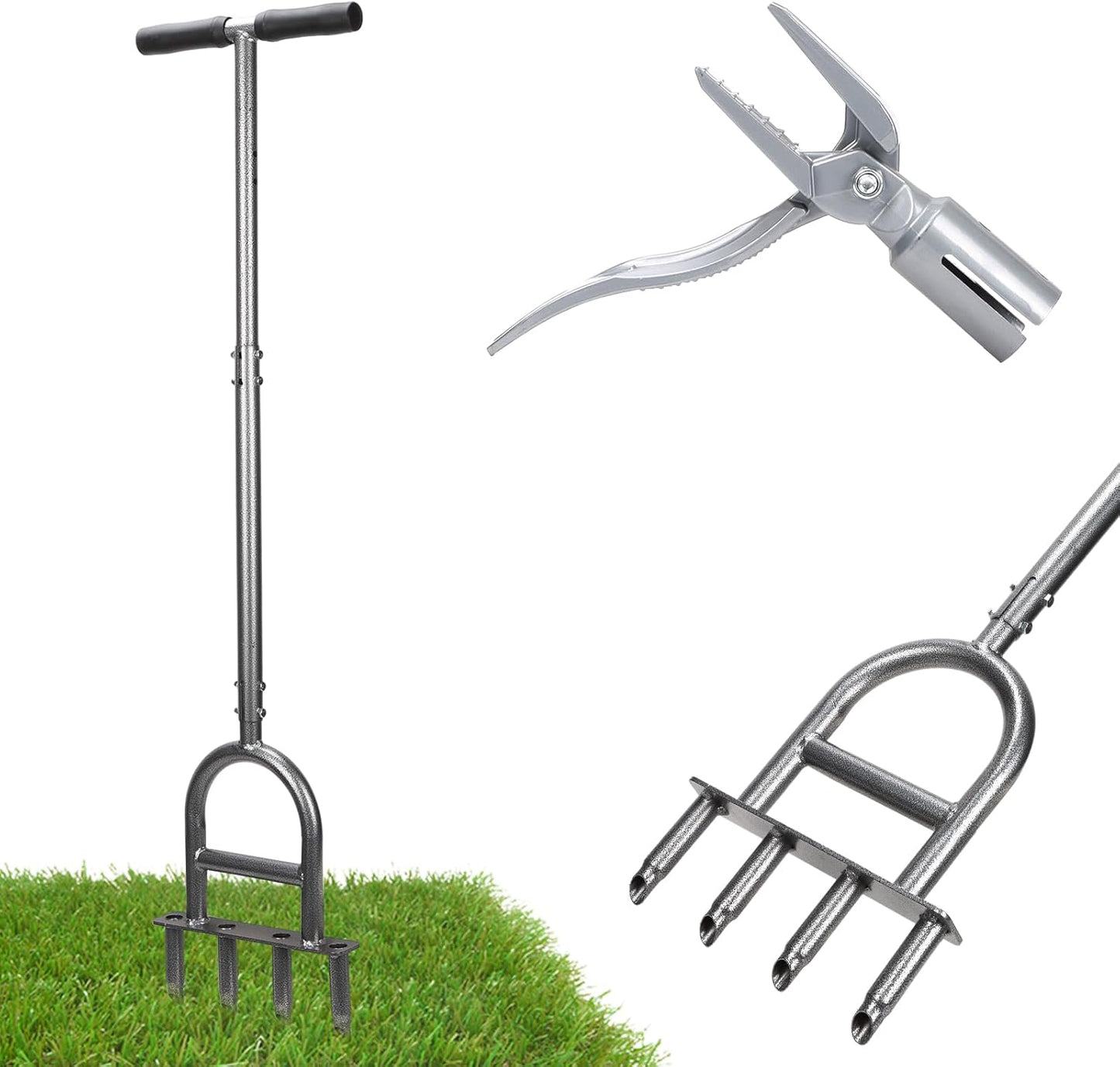 2-in-1 Lawn Aerator Tool - Adjustable Height with 4 Hollow Aeration Tines, High-Strength Anti-Rust Carbon Steel, Foot-Operated Weed Puller & Lawn Aerator for Garden Lawn Care & Compacted Soil Aeration