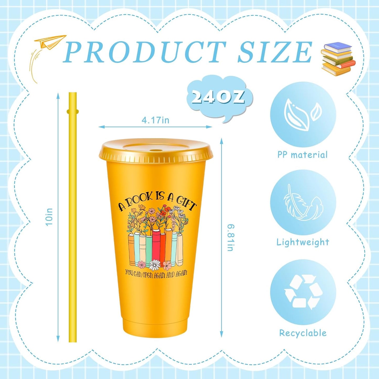 Chuangdi 12 Pcs Book Lovers Gifts 24 oz Reusable Plastic Tumbler with Lids and Straw Book Club Bookworms Gifts for Reader Librarian Office Coworkers (Multicolor)