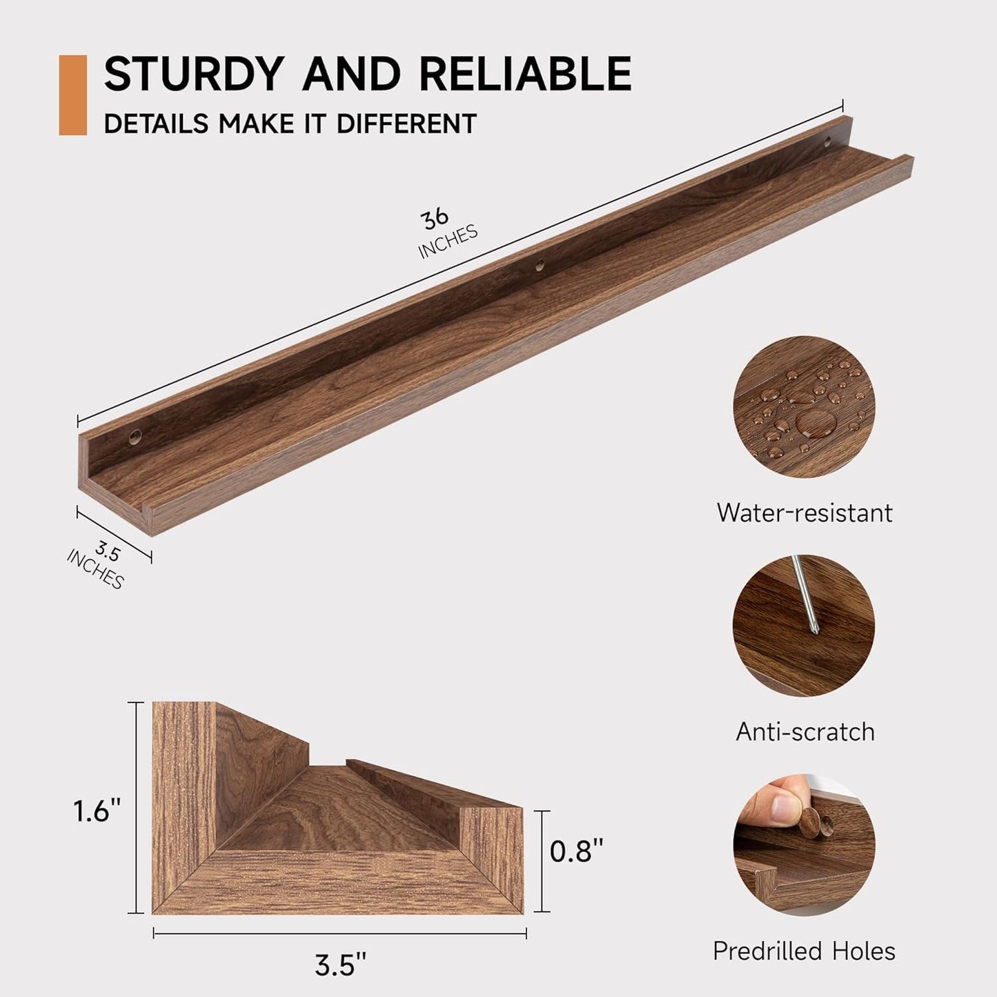Fun Memories Picture Ledge Shelf for Wall, Floating Shelves Set of 4, 36 Inch Long Nursery Book Shelves for Toys Storage, Kids Bookshelf Wall Mounted for Books Photo Frames, Walnut