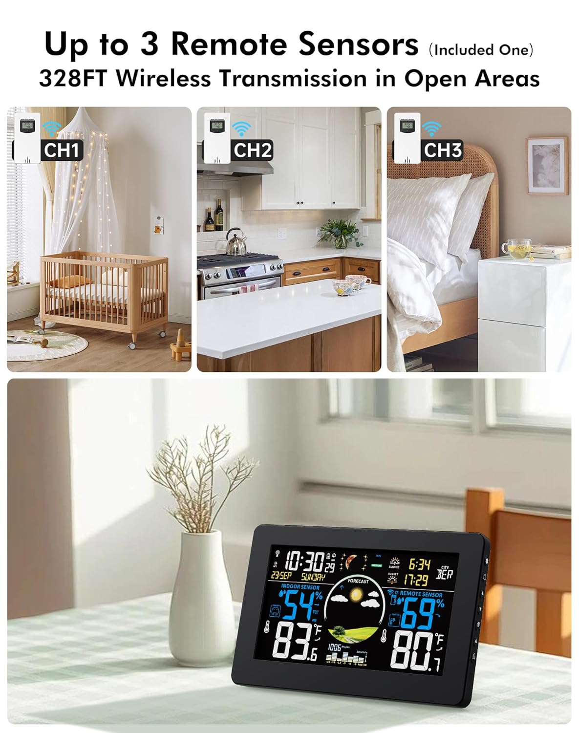 Weather Station Wireless Indoor Outdoor Thermometer, 7.5" VA Display with Remote Sensor, Home Weather Station with Weather Forecast, Temperature, Humidity, Atomic Clock, Moon Phase