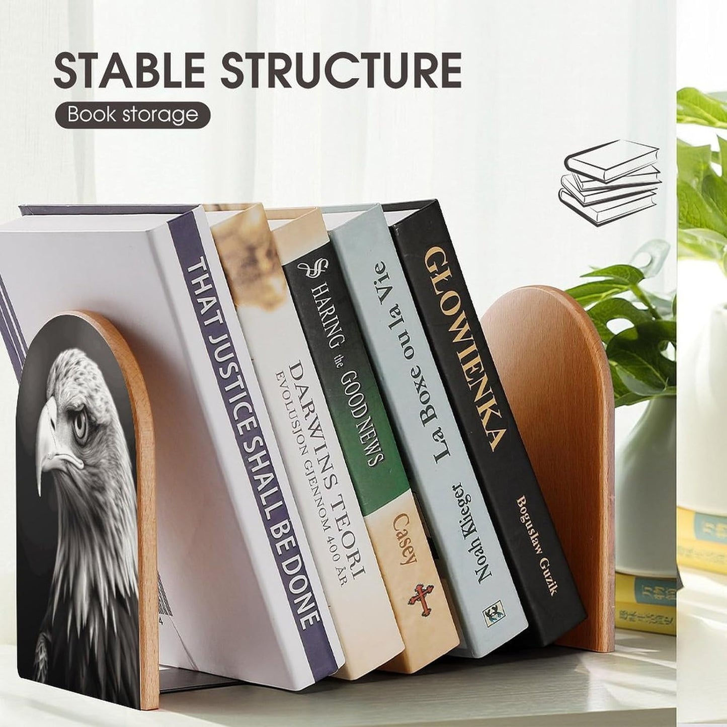 Eagle Black and White Bookend for Shelves Wooden Book End Large Size Sturdy Book Holders Stoppers with Metal Base for Bookshelves Slick Decorative Bookends Stands