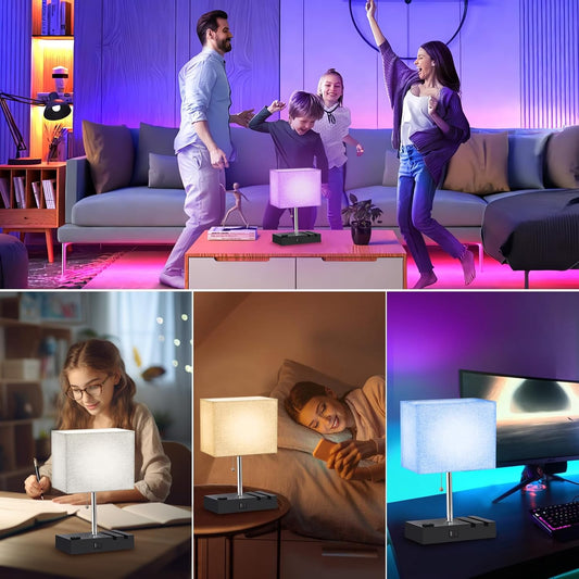 RGB Smart Table Lamp with Remote Control - Alexa Lamp for Bedroom with Voice & APP Control & Music Sync, Dimmable Nightstand Lamp with Charging Station for Living Room, Alexa Bulb Included
