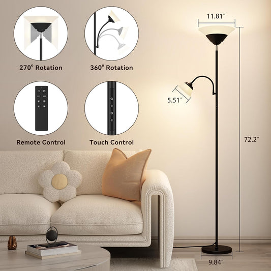 2-in-1 Torchiere Floor Lamp, 34W Super Bright LED Standing Lamp with Remote & Touch Control, 72" Dimmable Adjustable Corner Reading Lamp for Living Room, Bedroom, Office, Black
