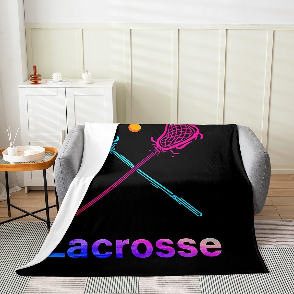 Feelyou Lacrosse Plush Throw Blanket, for Sports Games Flannel Fleece Blanket Lacrosse Player All Season,Bed Blanket Room Decor Puck Hockey Tie Dye Throw 50"x60"