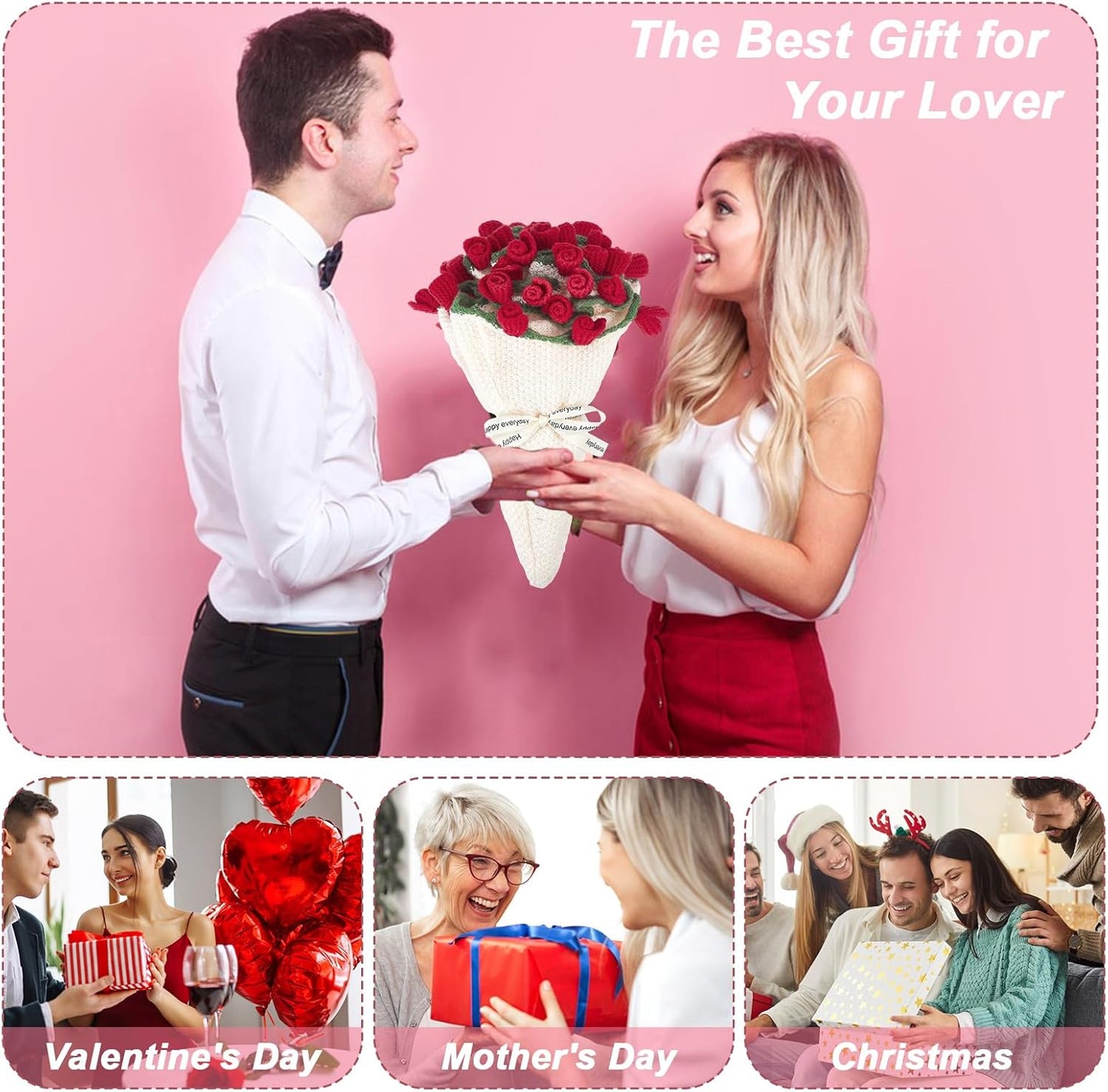 AHANDMAKER 1Pc Handmade Roses Flower Bouquet Blanket Red Roses Knitted Throw 29.9in Round Blanket for Valentine's Day Home Decor Christmas Wedding for Mom Women