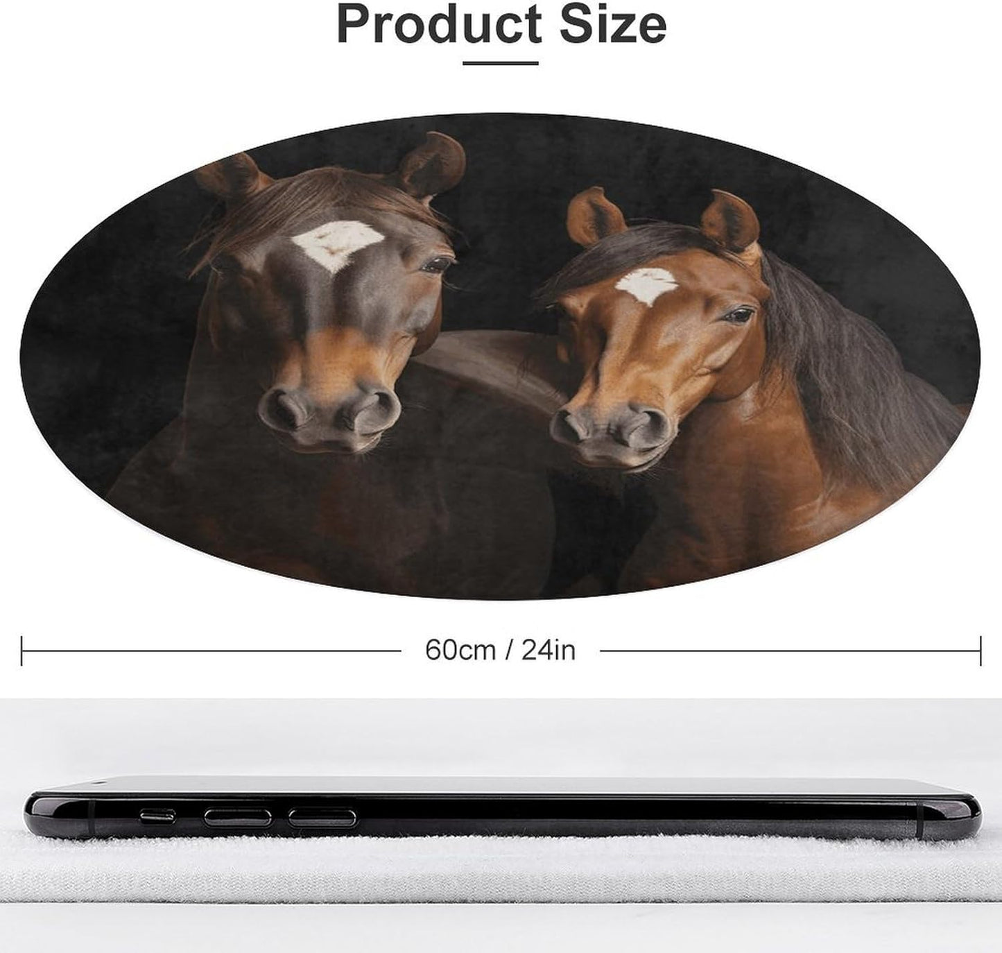 Two Horses Standing on Black Background Circle Rug Retro Luxury Coral Velvet Floor Mat Non Slip Soft Indoor Floor Carpet Comfy Thickened Area Rugs Modern Aesthetic Minimalist Carpets for Home Decor