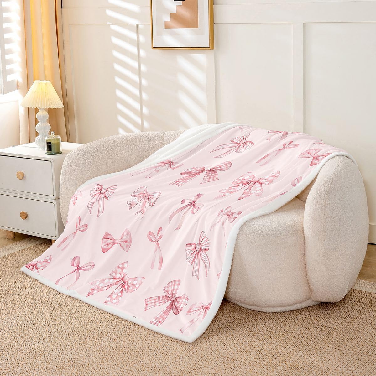 Feelyou Pink Bowknot Sherpa Throw Blanket for Couch Kawaii Bow Tie Super Soft Cozy Fleece Sweet Princess Blanket for Winter, Plush Throw Cute Bow Queen 90"x90" All Season