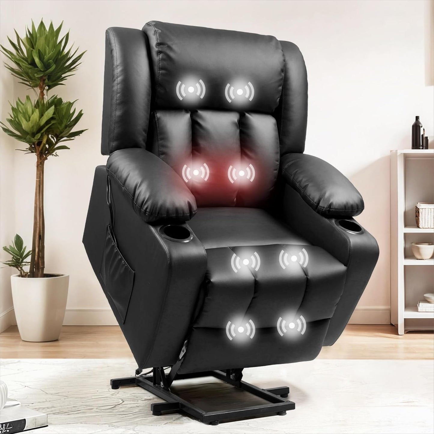 Medium Black PU Leather Living Room with Chair Massage and Heat for Elderly Reclining Sofa with Cup Holders and Side Pockets Electric Power Lift Recliner