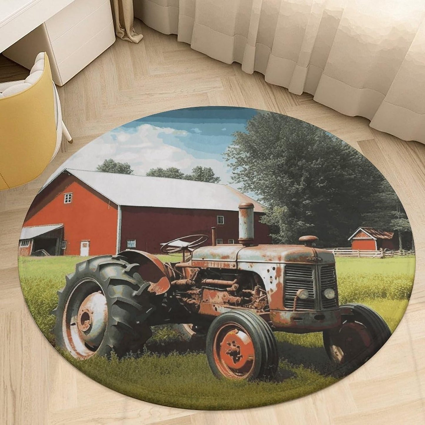 Company Farm Tractor Circle Rug Retro Luxury Coral Velvet Floor Mat Non Slip Soft Indoor Floor Carpet Comfy Thickened Area Rugs Modern Aesthetic Minimalist Carpets for Home Decor