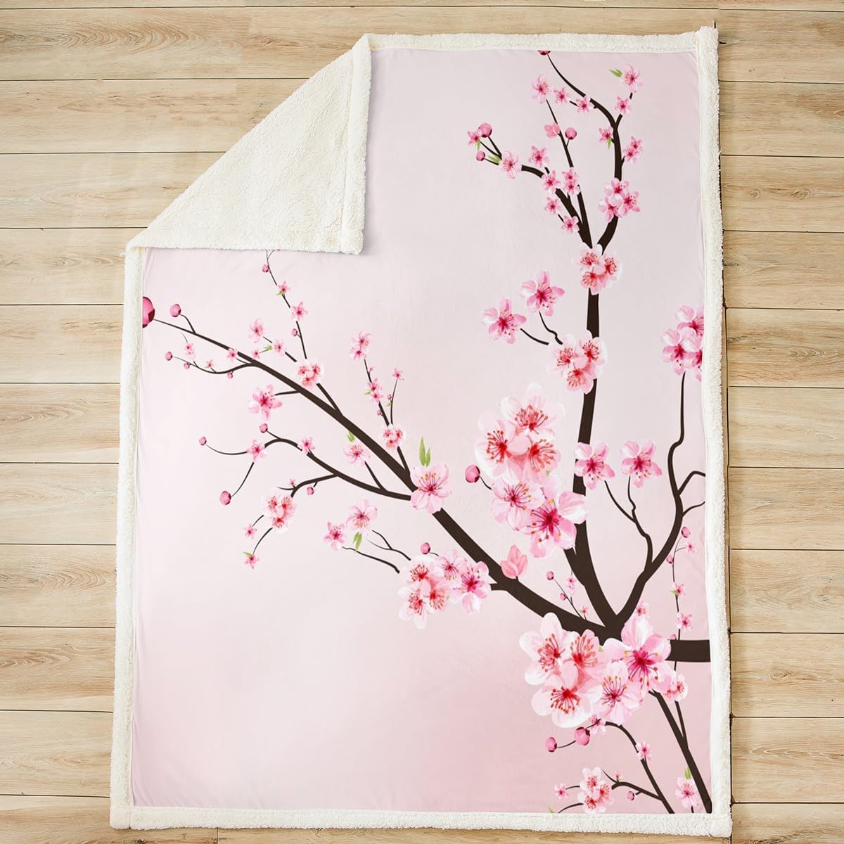 Girls Cherry Blossoms Fleece Blanket Women Floral Sakura Flowers Branch Sherpa Throw Blanket for Bed Sofa Couch Decor Pale Pink Floral Plush Blanket Soft Japanese Spring Fuzzy BlanketTwin 60"x80"
