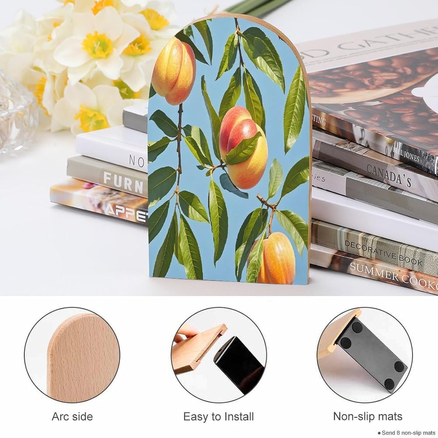 with Peach Leaves Bookends 1 Pair Heavy Duty Book Ends for Shelves Non-Skid Bookend Supports Wooden Book Holders with Metal Base Desk Organizers Books Storage to Hold Books