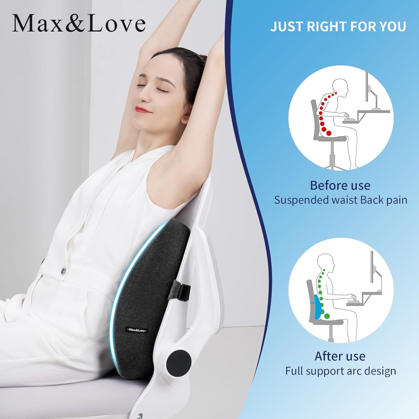 Max&Love Lumbar Support Pillow, Memory Foam Back Cushion for Office Chair, Ergonomic Design with Breathable Mesh Cover, Gray