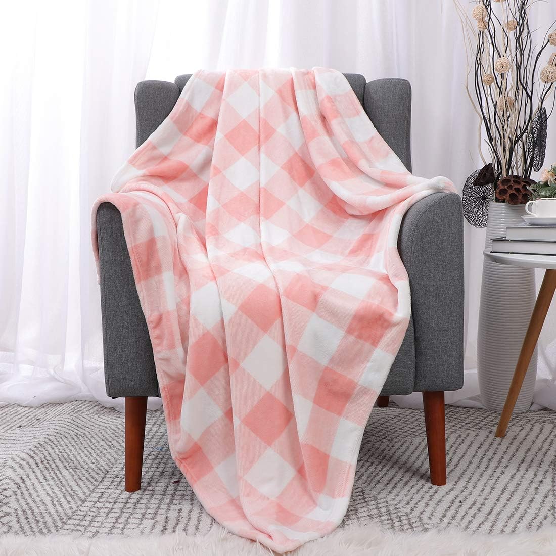 PiccoCasa Plaid Flannel Fleece Throw Blanket, Buffalo Checkered Soft Blankets and Throws, Plush Lightweight Decors Blanket for Couch Sofa Traveling, 50" x 60", Pink and White Tartan