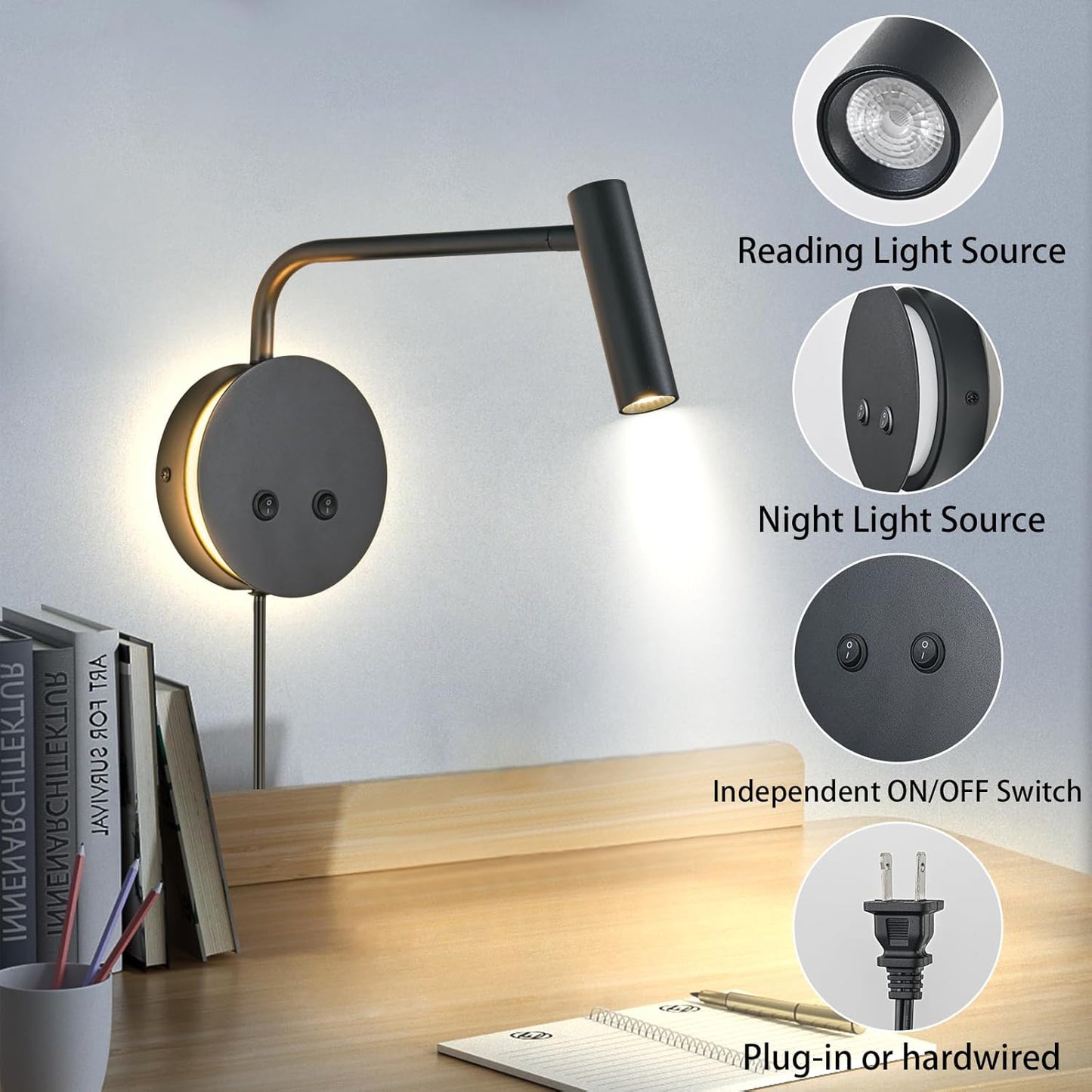 Matte Black Wall Mounted Reading Light, 4000K Flexible Headboard Reading Sconces with On Off Switch Control, Plug in/Hardwired Wall Light Fixtures with Night Light for Bedside Bedroom Bunk