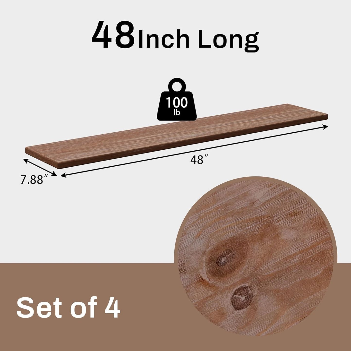 48 Inch Floating Shelves Set of 4, Rustic Brown Solid Wood Wall Mounted Shelves with 200 lbs Capacity, 4ft Heavy Duty Farmhouse Wall Shelving for Living Room, Kitchen, Bedroom & Bathroom