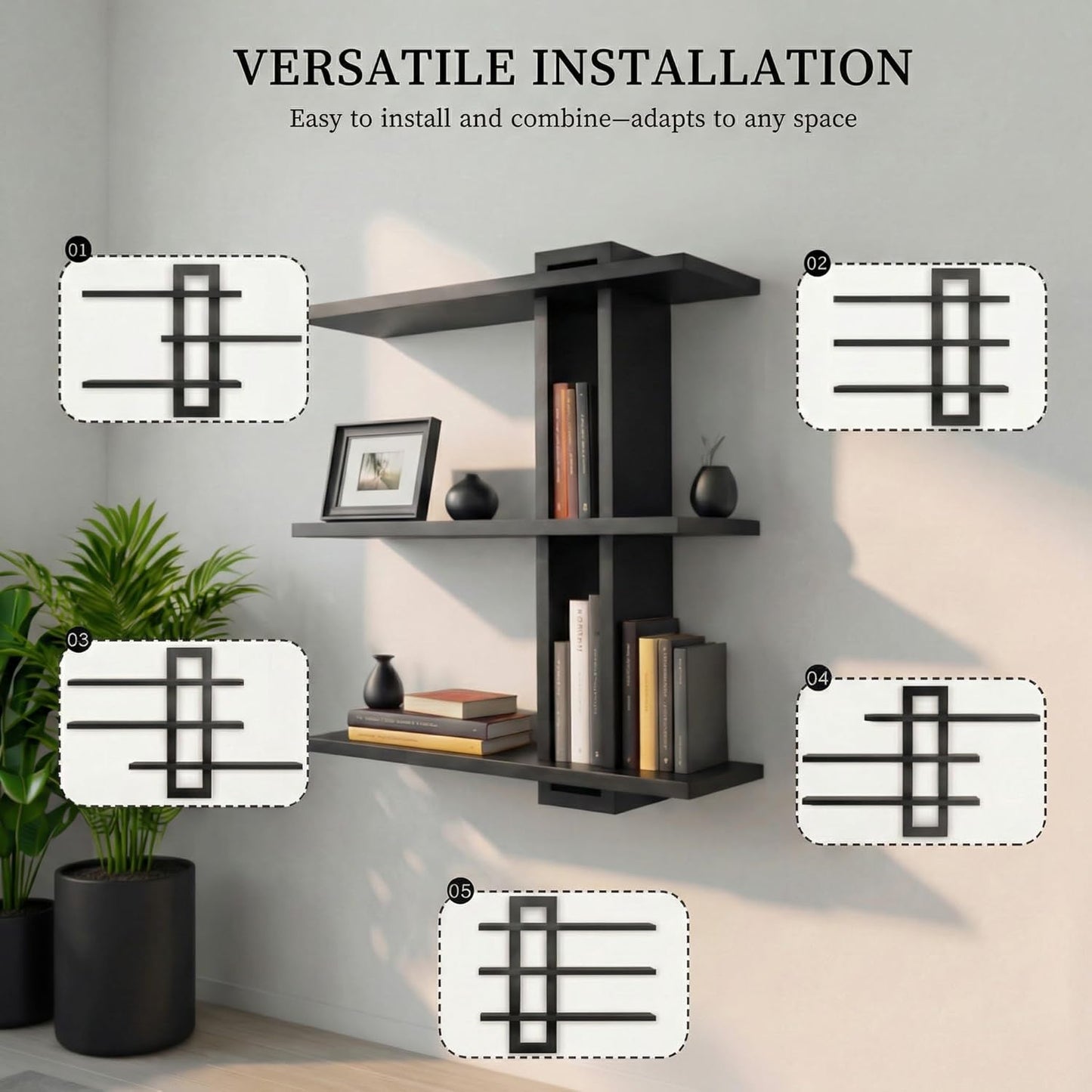 Black Floating Shelves, 3 Tier Pine Wood 20 Inch Large Wall Mounted Shelf, Storage Display for Plants Photos Books, Bathroom Bedroom Living Room Kitchen Home Office Decor