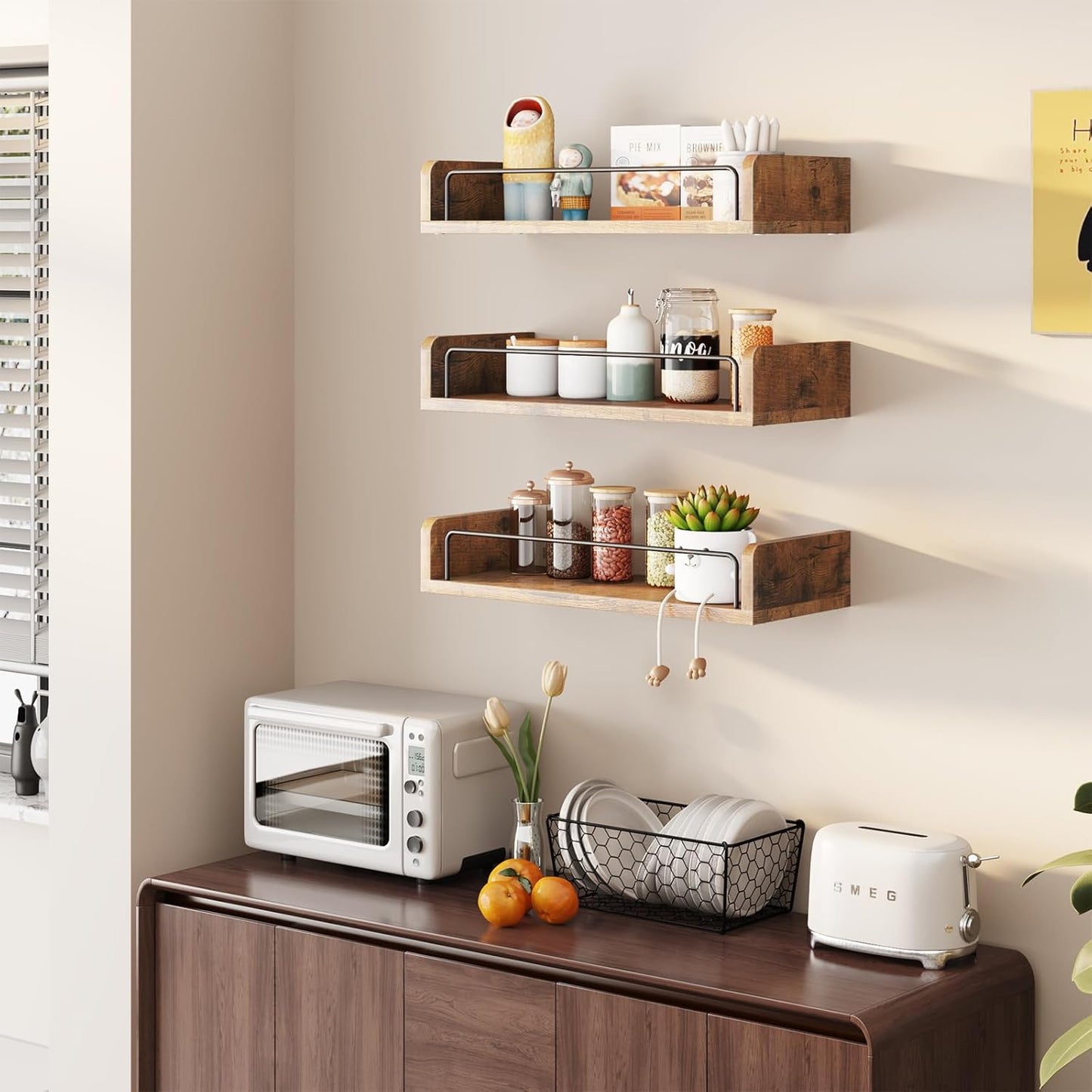 Floating Shelves for Wall, Floating Shelves for Bedroom Kitchen Decor, Wall Mounted Rustic Farmhouse Wood Shelf for Books, Plants, Set of 3 (Rustic Brown)