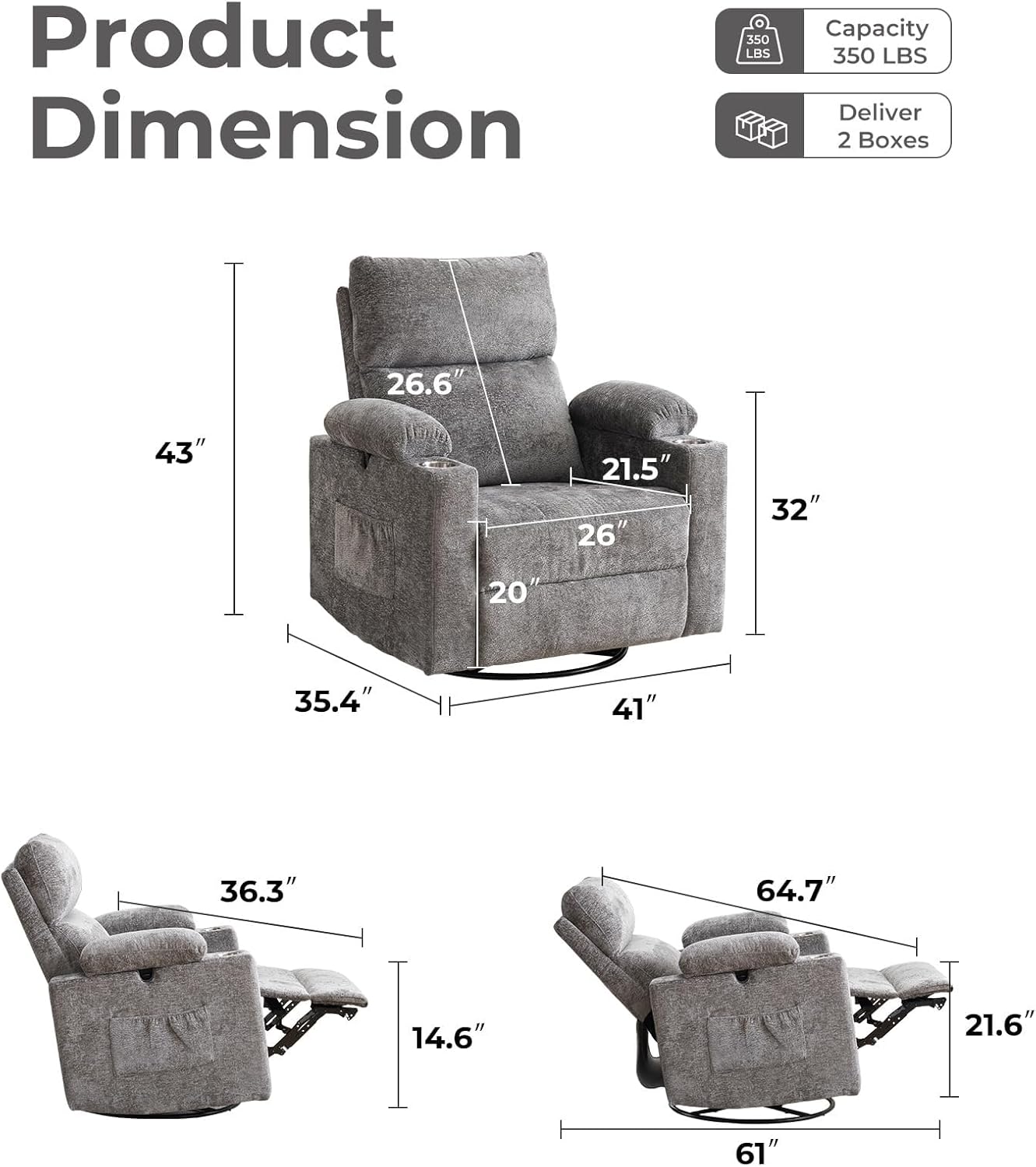 Electric Glider Rocking Recliners Chair with Adjustable Armrests Power Swivel Recliner Chairs with Massage and Heat Headrest for Home Furniture