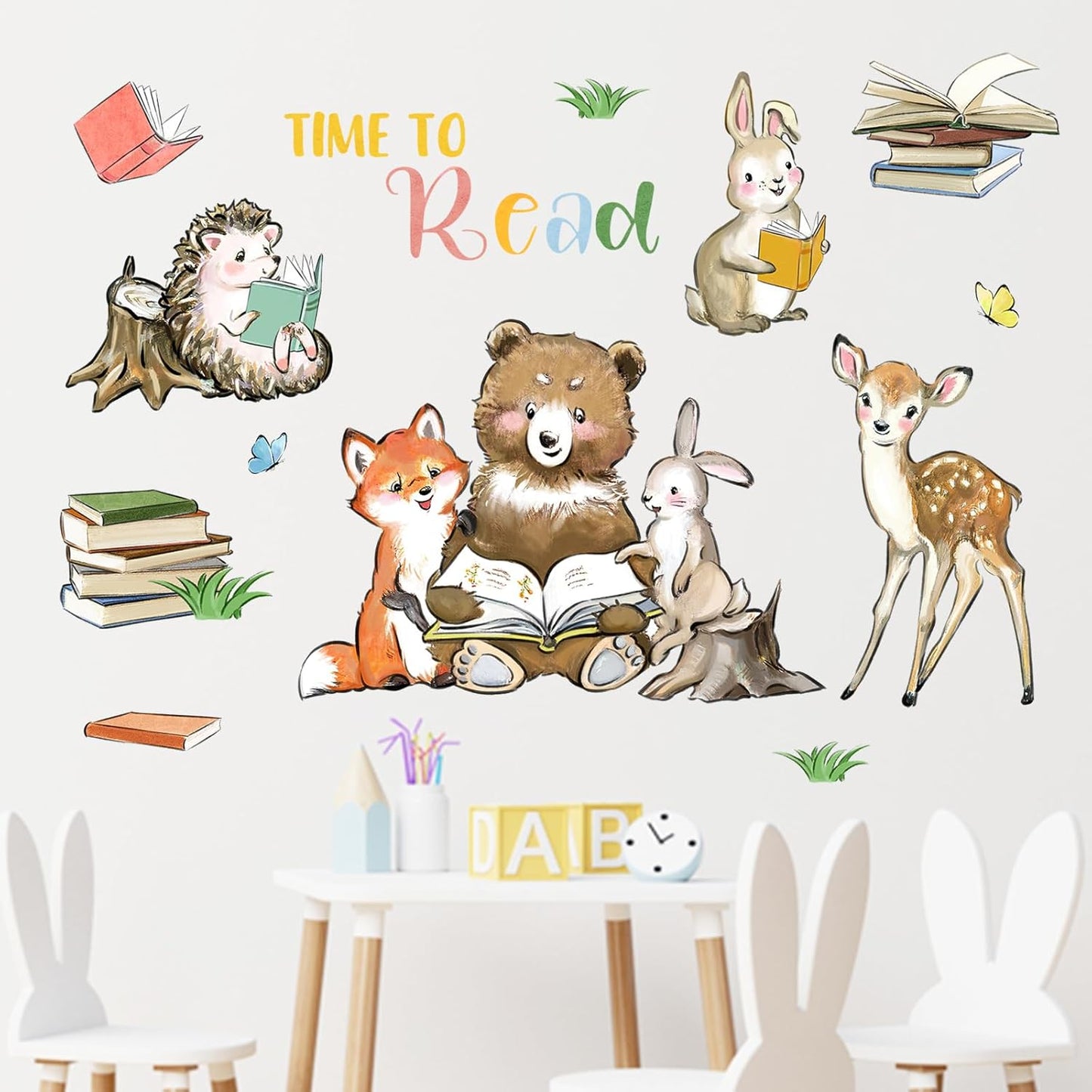 Mfault Time to Read Animals Wall Decals Stickers, Educational Reading Bear Fox Bunny Deer Hedgehog Books Nursery Decorations Classroom Bedroom Art, Neutral Toddlers Kids Study Room Library Decor
