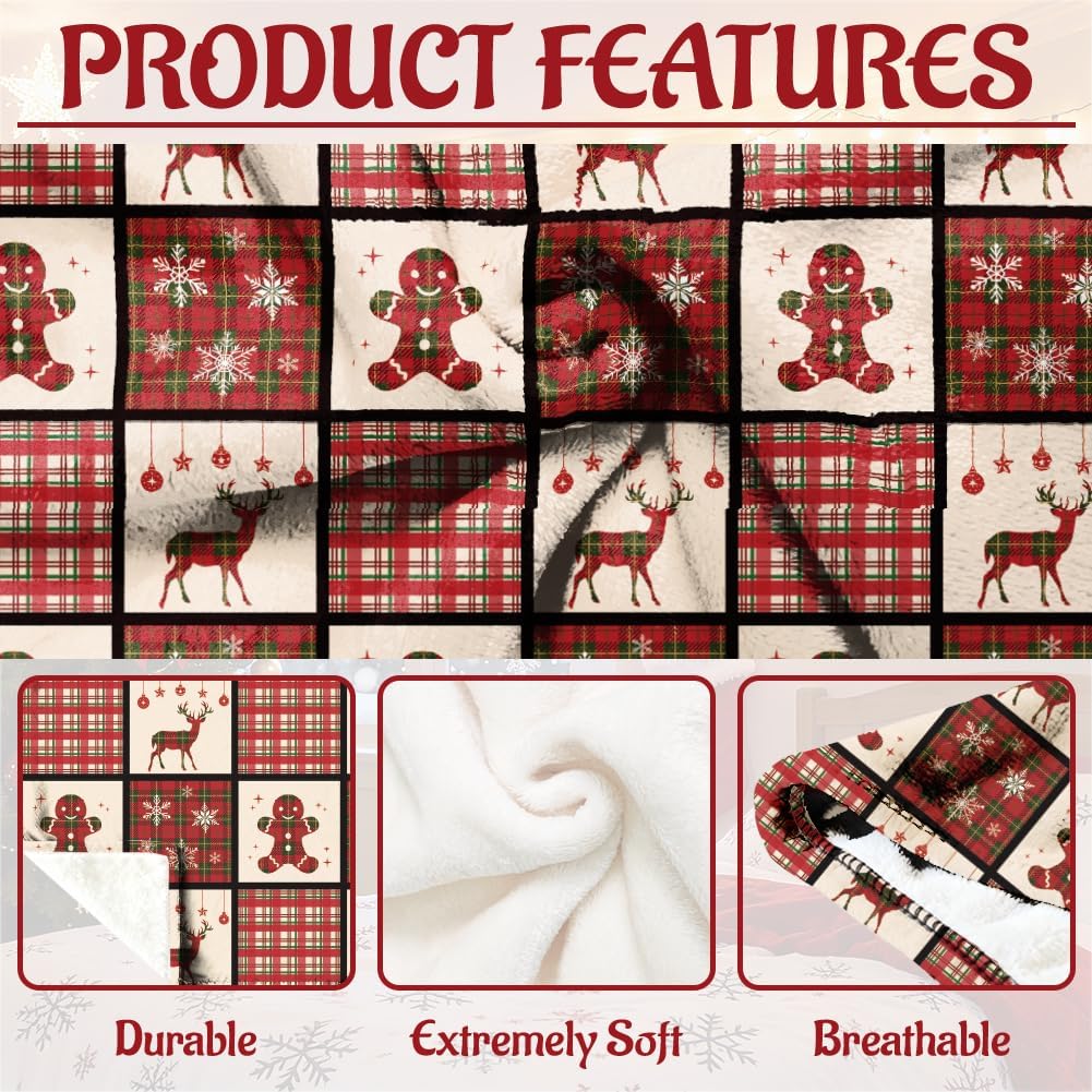 WADORN Christmas Gingerbread Man Elk Throw Blanket, 500GSM，Christmas Red Black Buffalo Plaid Cozy Throw Blanket Soft Flannel Fleece Blanket for Home Bedroom Sofa Couch Chair Xmas Winter, 51x59 Inch