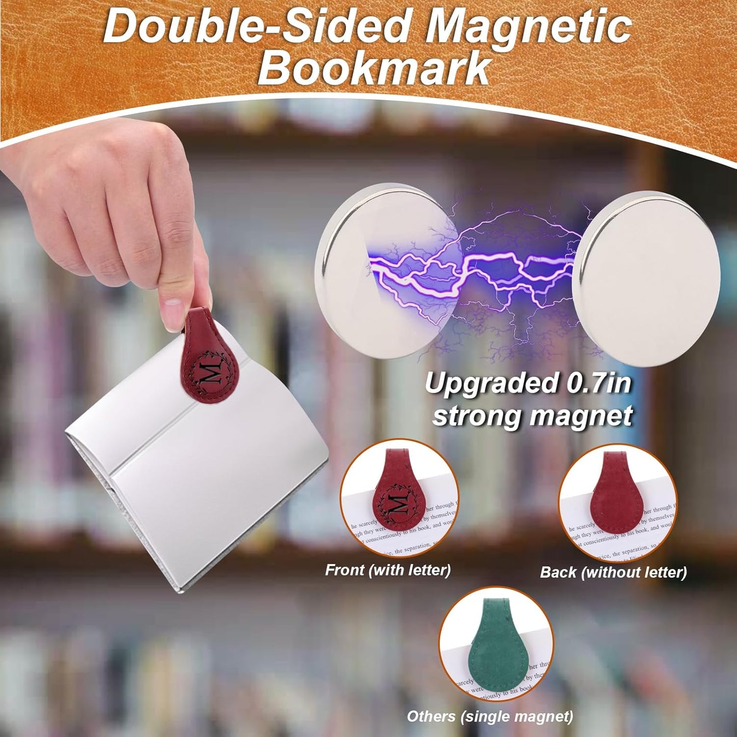 2PCS Magnetic Bookmarks, Magnetic Leather Bookmark with Initial, Double-Sided Magnetic Bookmarks for Women, Bookmark Clip Gift for Book Lover Readers Men Women Teachers Students, Book Accessories (M)