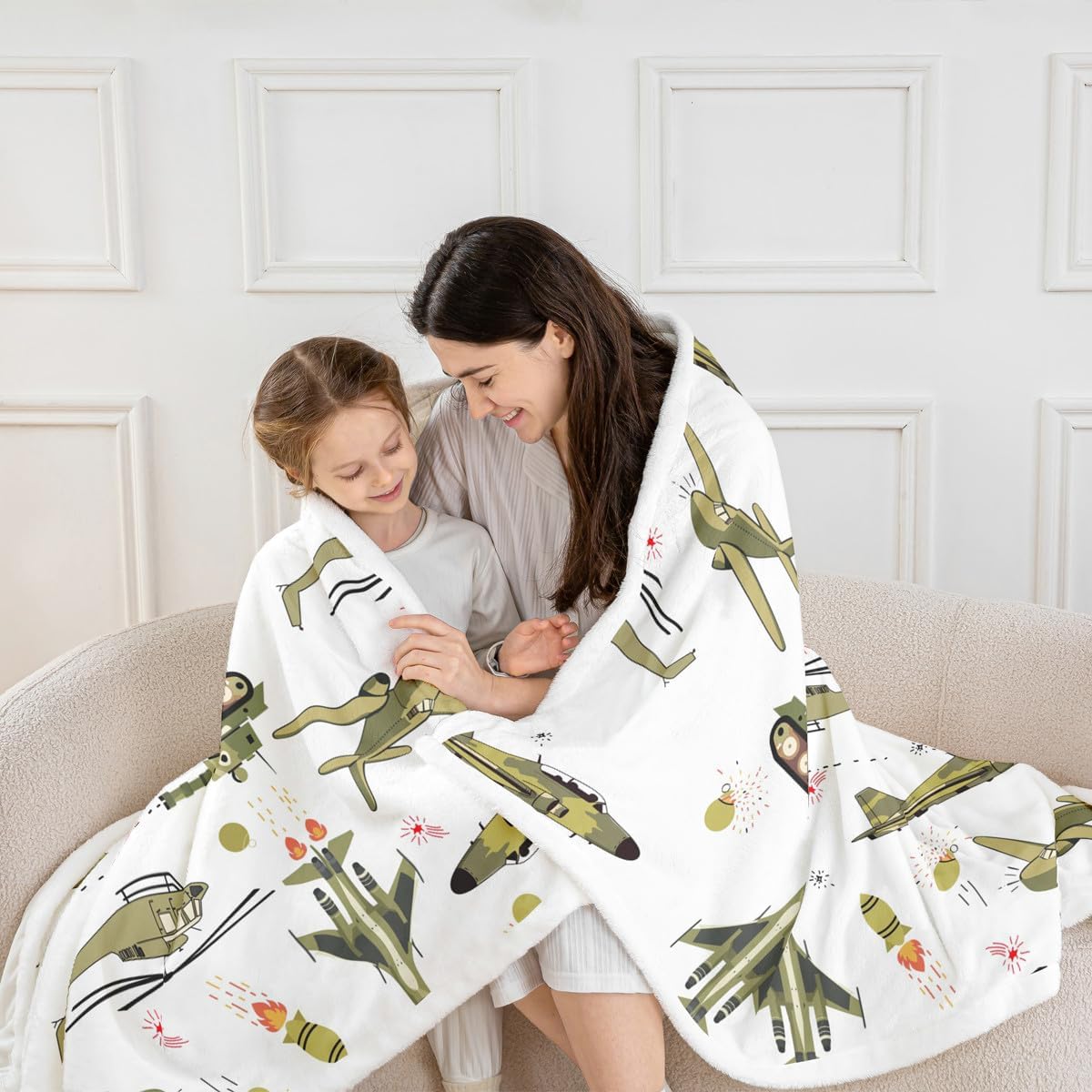 Feelyou Kids Blanket Cartoon Aircraft Print Fleece Blankets Boys Teens Military Airplane Pattern Fighter Tank Sherpa Throw Blanket for Couch Bed Sofa 30" x 40"