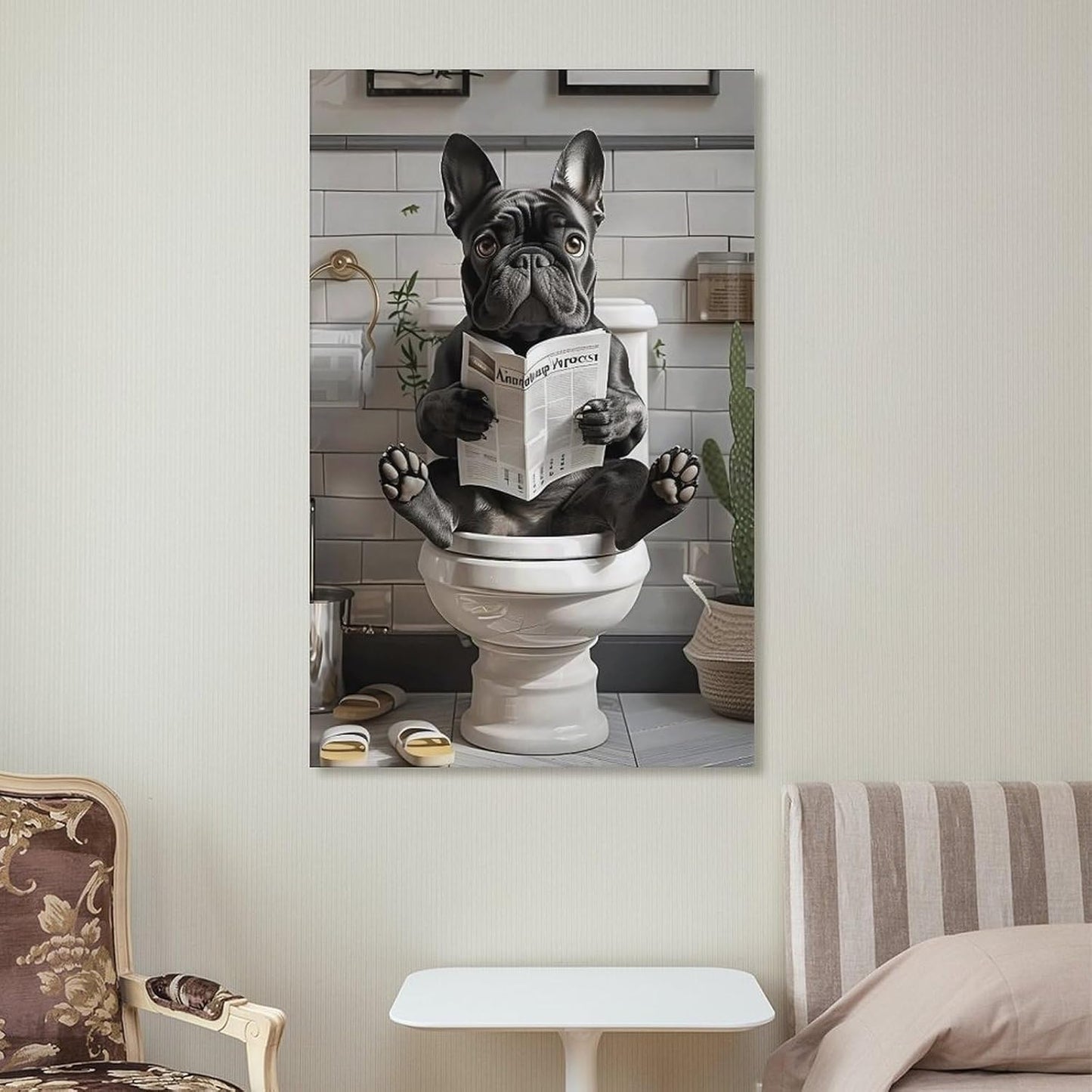 JHXNJDPOST Humorous French Bulldog Poster on Toilet Reading Newspaper Canvas Wall Art Aesthetic Decorative Painting Living Room Restaurants, Pool Halls And Hotelsstyle-13 12x18inch(30x45cm)