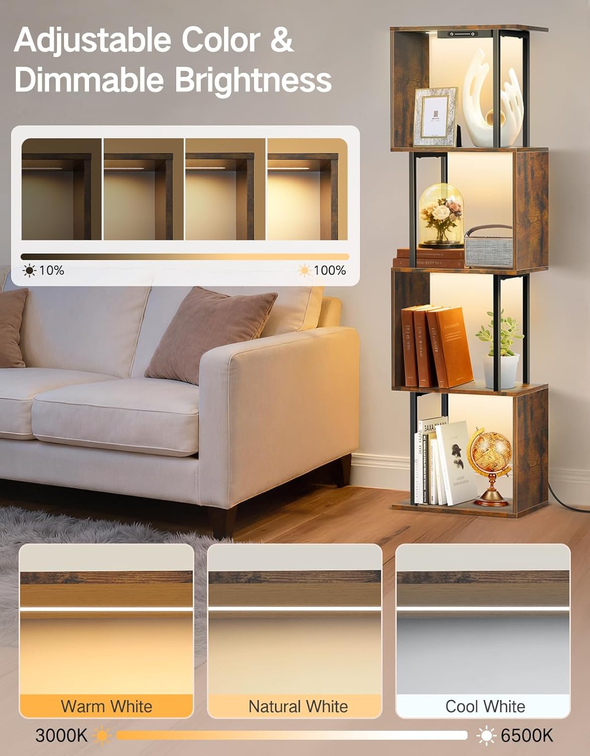 5 Tier S-Shaped Geometric Bookshelf with LED Light, 3 Color Temperatures, Touch & Remote Control, Dimmable Standing Bookcase, Small Display Shelf for Living Room, Bedroom, Office