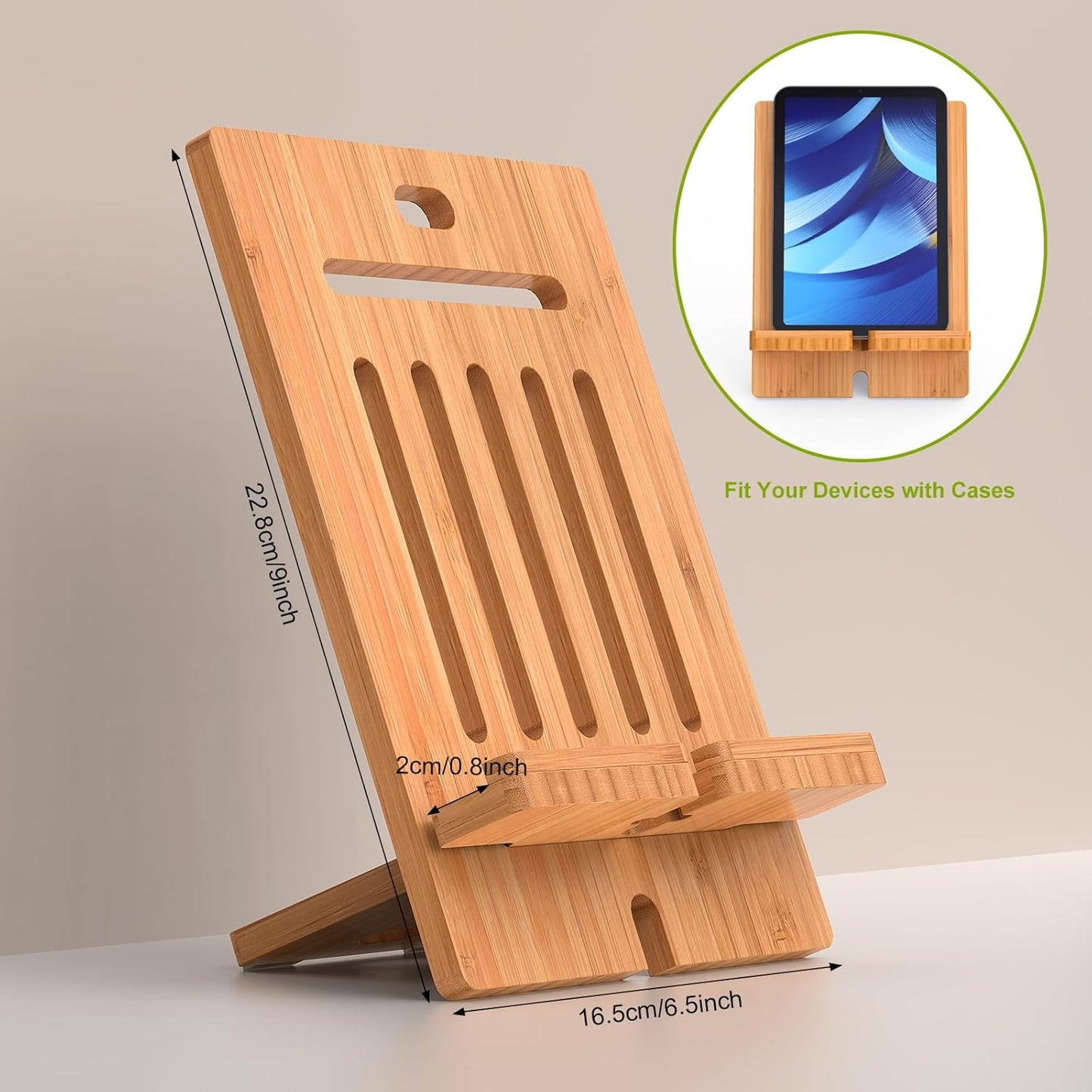Pezin & Hulin Bamboo Tablet Stand Adjustable, Desktop Cell Phone Stand Holder Dock Compatible with Pad 9.7, 10.5, 12.9, Air 2 3 4 Mini, E-Reader, Phone 8 Plus X XS Max XR (Support to 4.7-13" Devices)