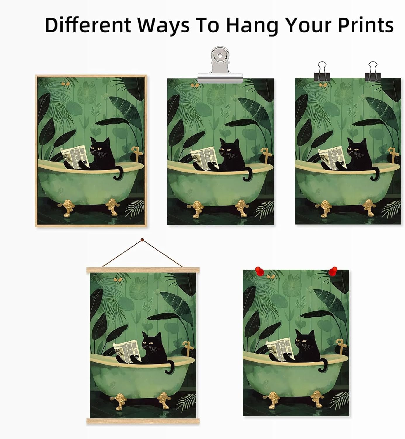 Funny Black Cat Wall Art Bathroom Cute Black Cat Reading Newspaper Picture Animal Bathtub Art Green Small Trendy Paintings Aesthetic Washroom Bathroom Wall Art Trendy Animal Poster 16x24inch No Frame