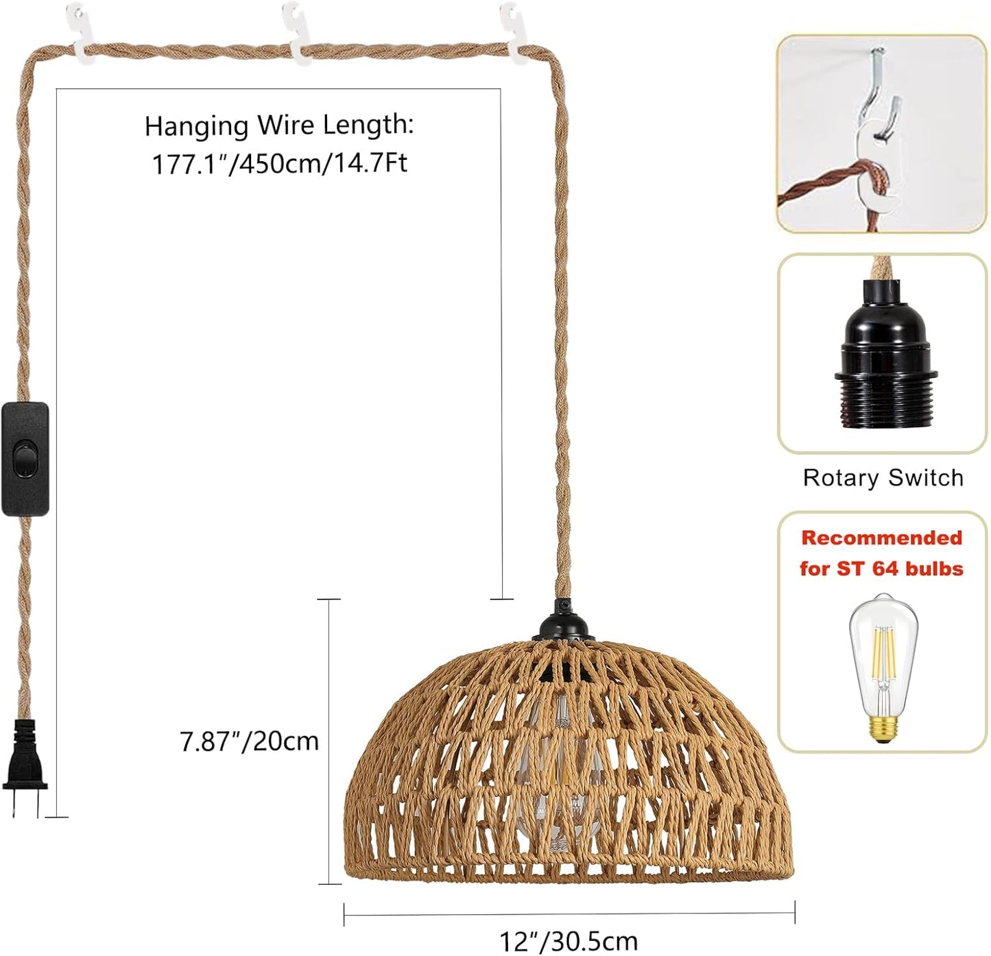 Boho Pendant Light Plug in: Rattan Hanging Lamp with 14.7ft Plug in Cord, Adjustable Height Hand Woven Hanging Light Fixture for Living Room, Bedroom, Dining Room, Kitchen, E26 No Bulb
