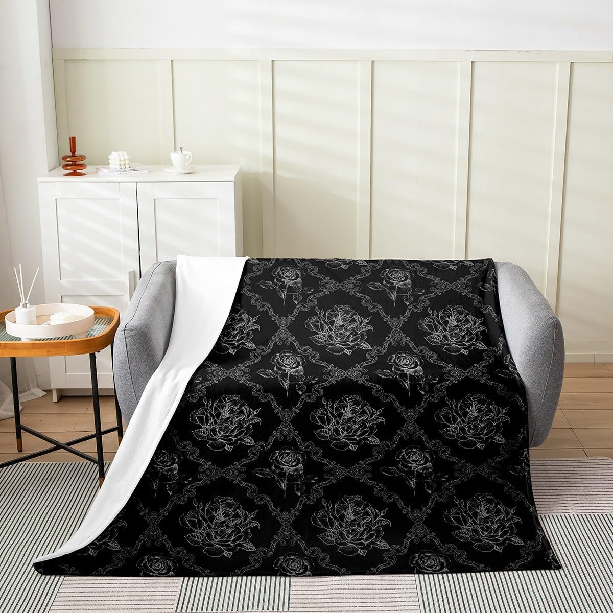 Feelyou Adults Gothic Fleece Throw Blanket Throw 50"x60" Vintage Rose Plush Blanket for Sofa Couch Black White Damask Fuzzy Blanket Luxury Floral Flower Fuzzy Blanket Room Decorations