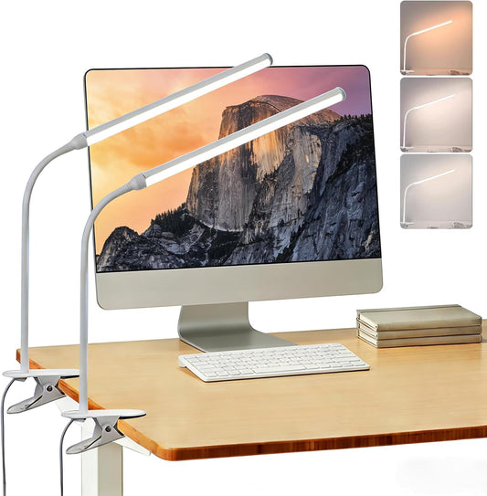 2 Pack LED Desk Lamp with Clamp, Desk Lamps for Home Office Three Colors Dimming, Computer Desk Monitor Light Bar Curved, Clip on Reading Accessories Lighting, Work from Home Essentials