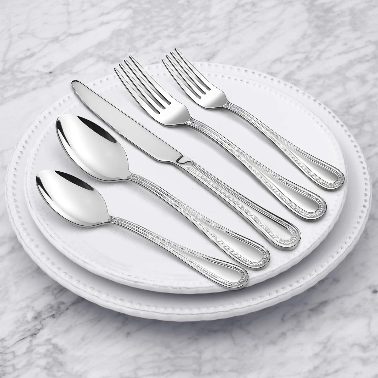 40-Piece Silverware Set, HaWare Stainless Steel Flatware Service for 8, Pearled Edge Tableware Cutlery Include Knife/Fork/Spoon, Beading Eating Utensil for Home, Mirror Polished, Dishwasher Safe
