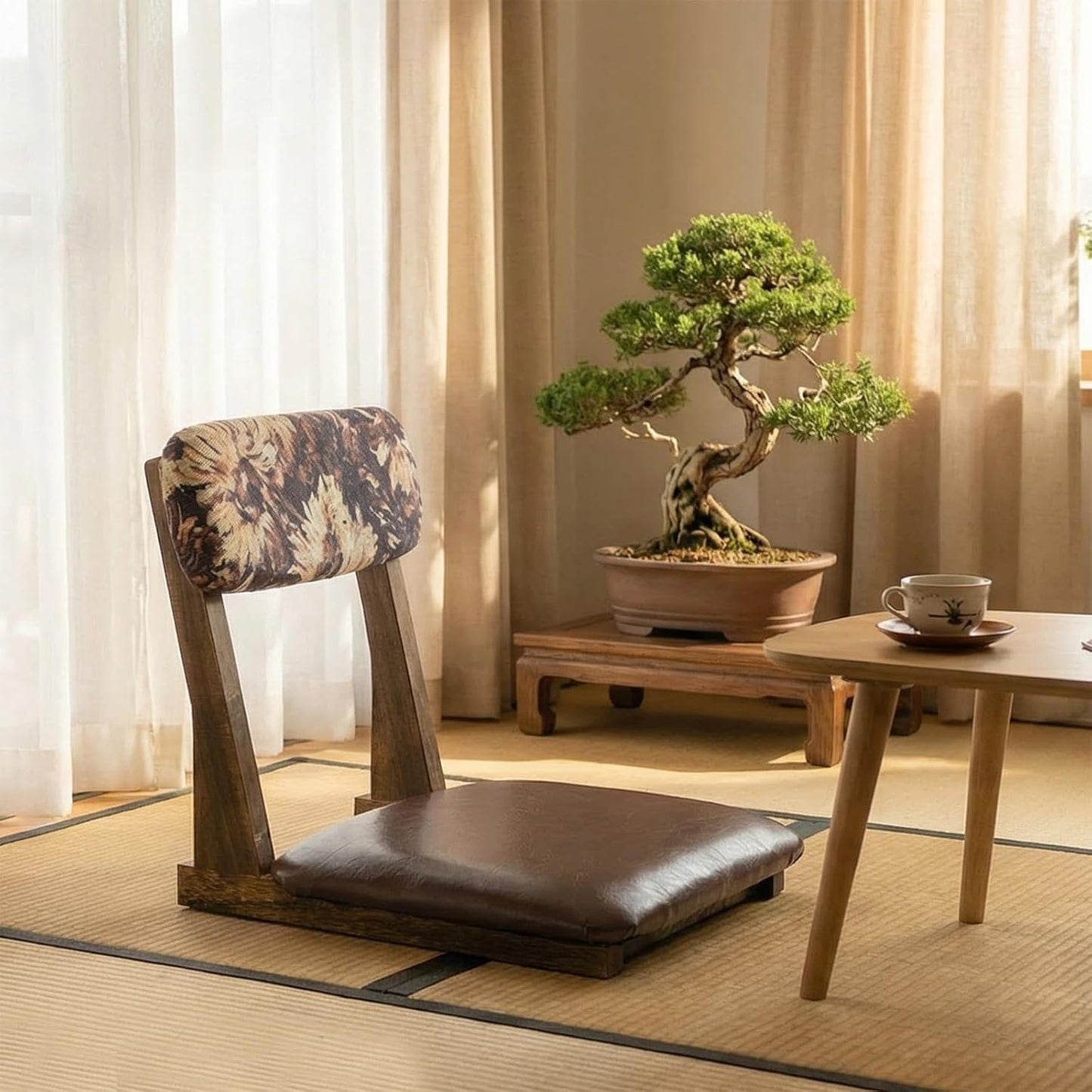 Meditation Chair with Back Support, Japanese Floor Chair, Tatami Floor Seat, Brown