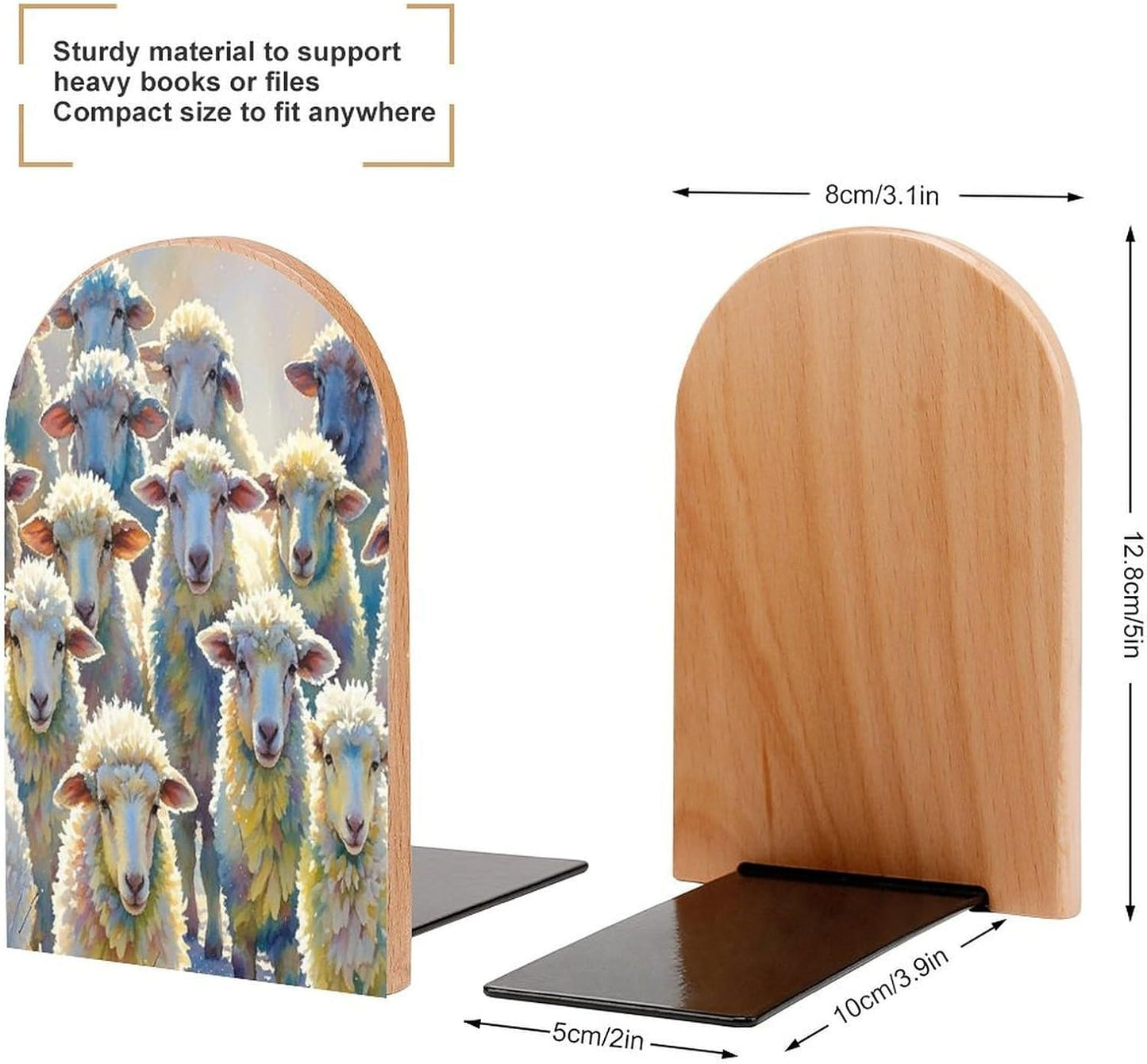 Watercolor Sheeps Bookends 1 Pair Heavy Duty Book Ends for Shelves Non-Skid Bookend Supports Wooden Book Holders with Metal Base Desk Organizers Books Storage to Hold Books