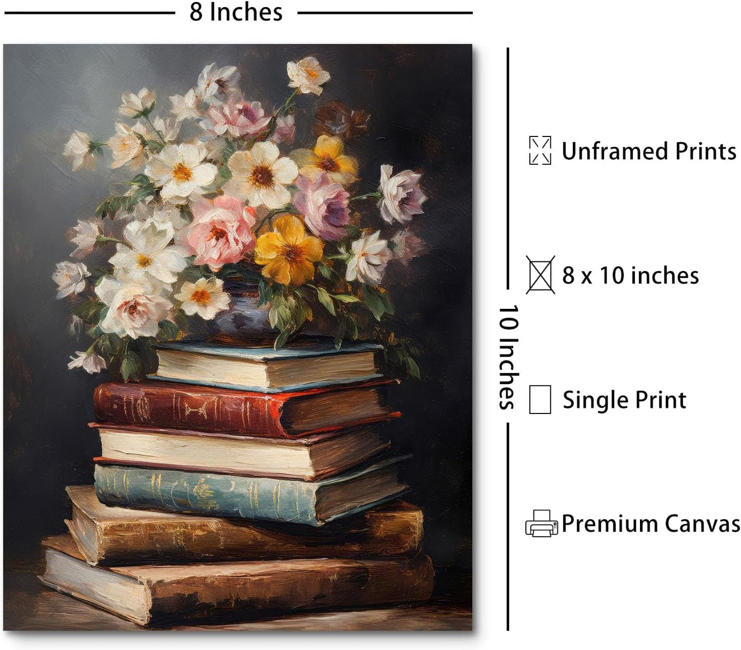 Moody Flower Books Canvas Wall Art Vintage Floral Poster Print Nature Aesthetic Artwork Spring Wildflowers Still Life Art Rustic Painting for Living Room Bedroom Office Home Wall Decor, Unframed 8x10