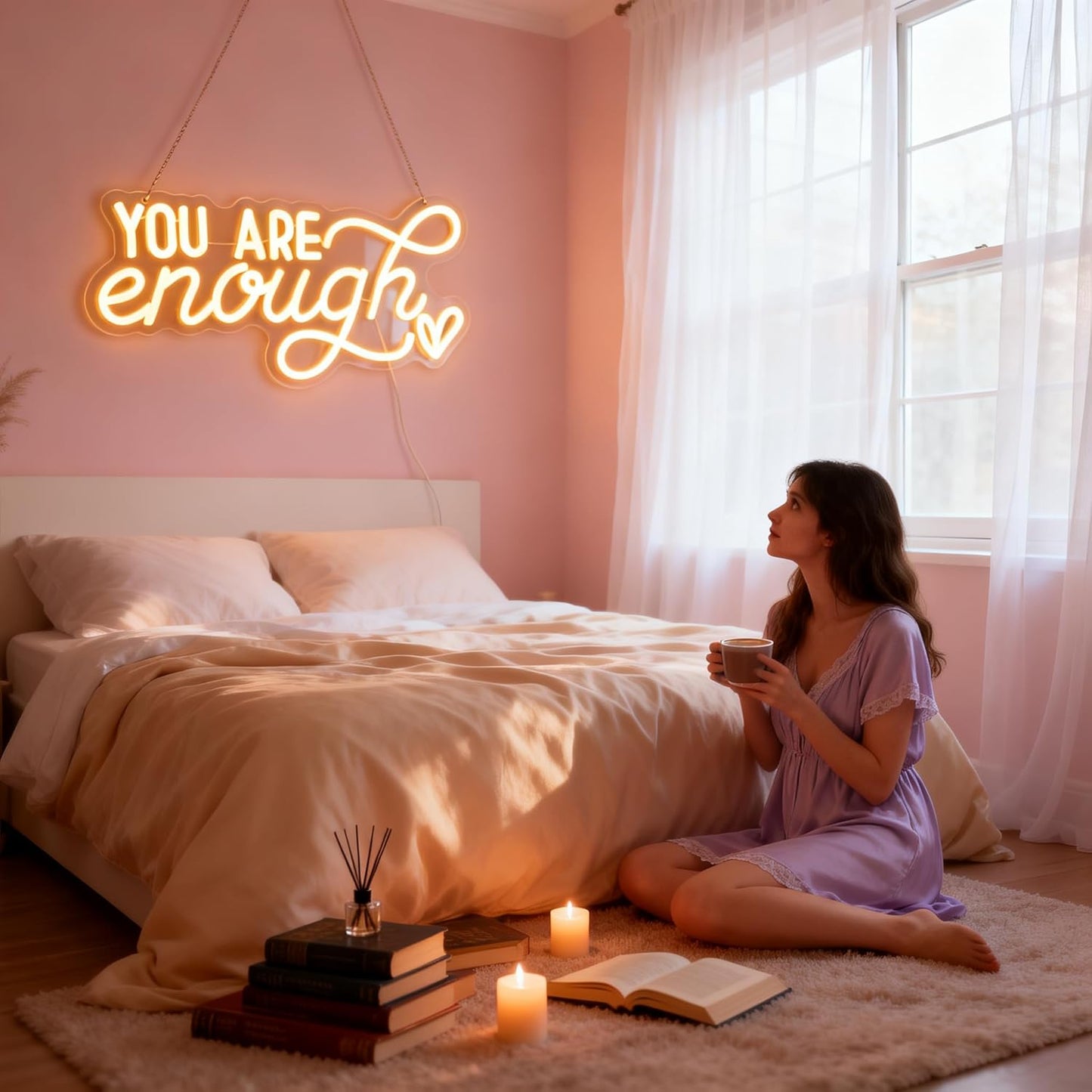 You Are Enough Neon Sign, Self Love Neon Light with Floral Decor, Motivational Wall Art for Bedroom, Therapy Office Decor, Mental Health Awareness Gift, USB Dimmable (16.5"x8.3")