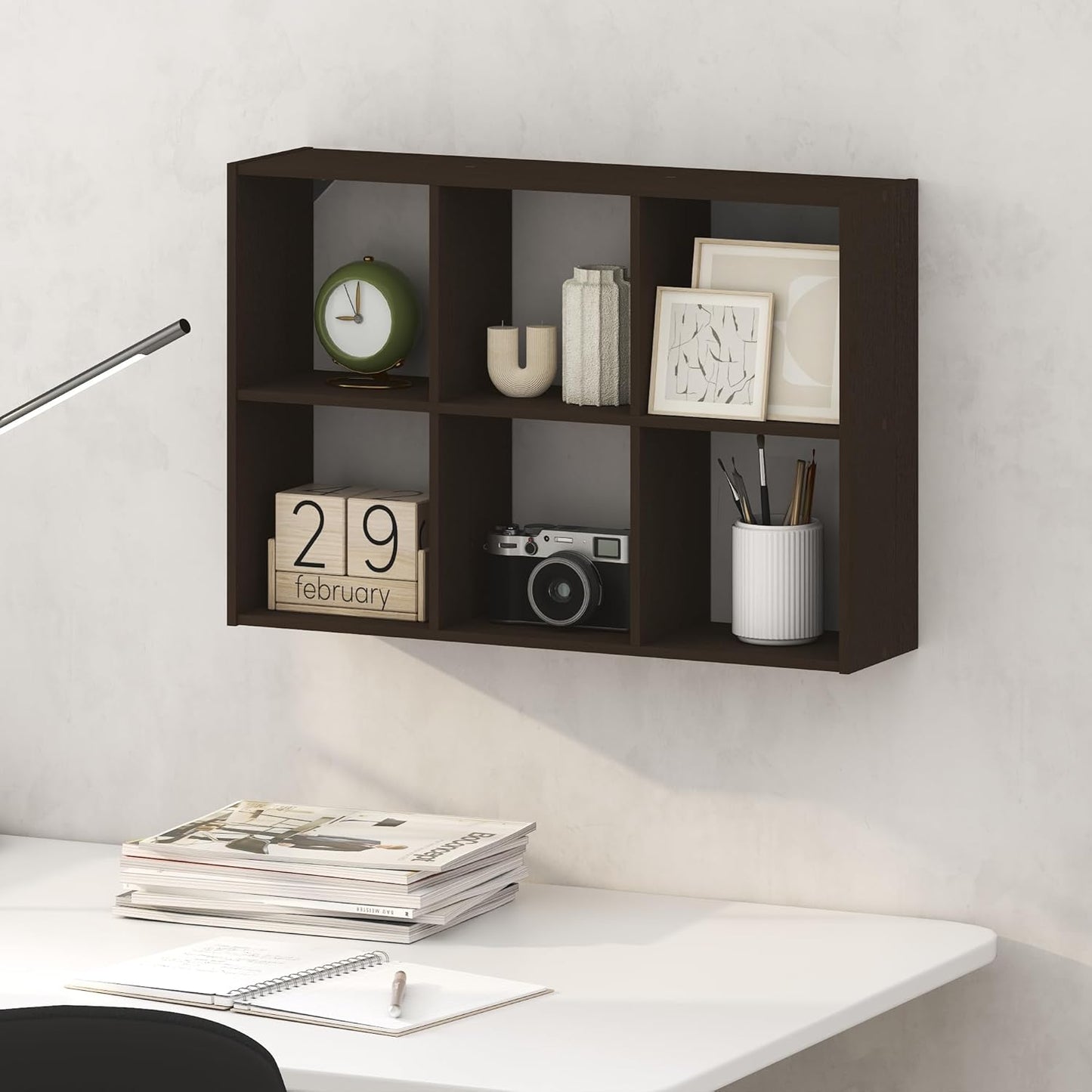 Furinno Rossi 6-Cube Floating Shelves for Wall, Wall Mount Organizer, Desktop Organizer, Bookshelf, for Home Office, Study Room, Black Dark Oak
