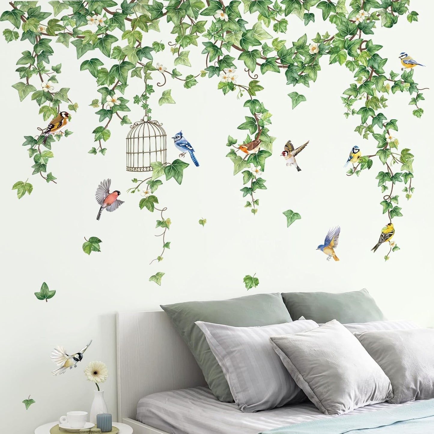 decalmile Spring Hanging Vine Wall Stickers Birds Green Plants Leaves Wall Decals Living Room Bedroom TV Background Wall Decor