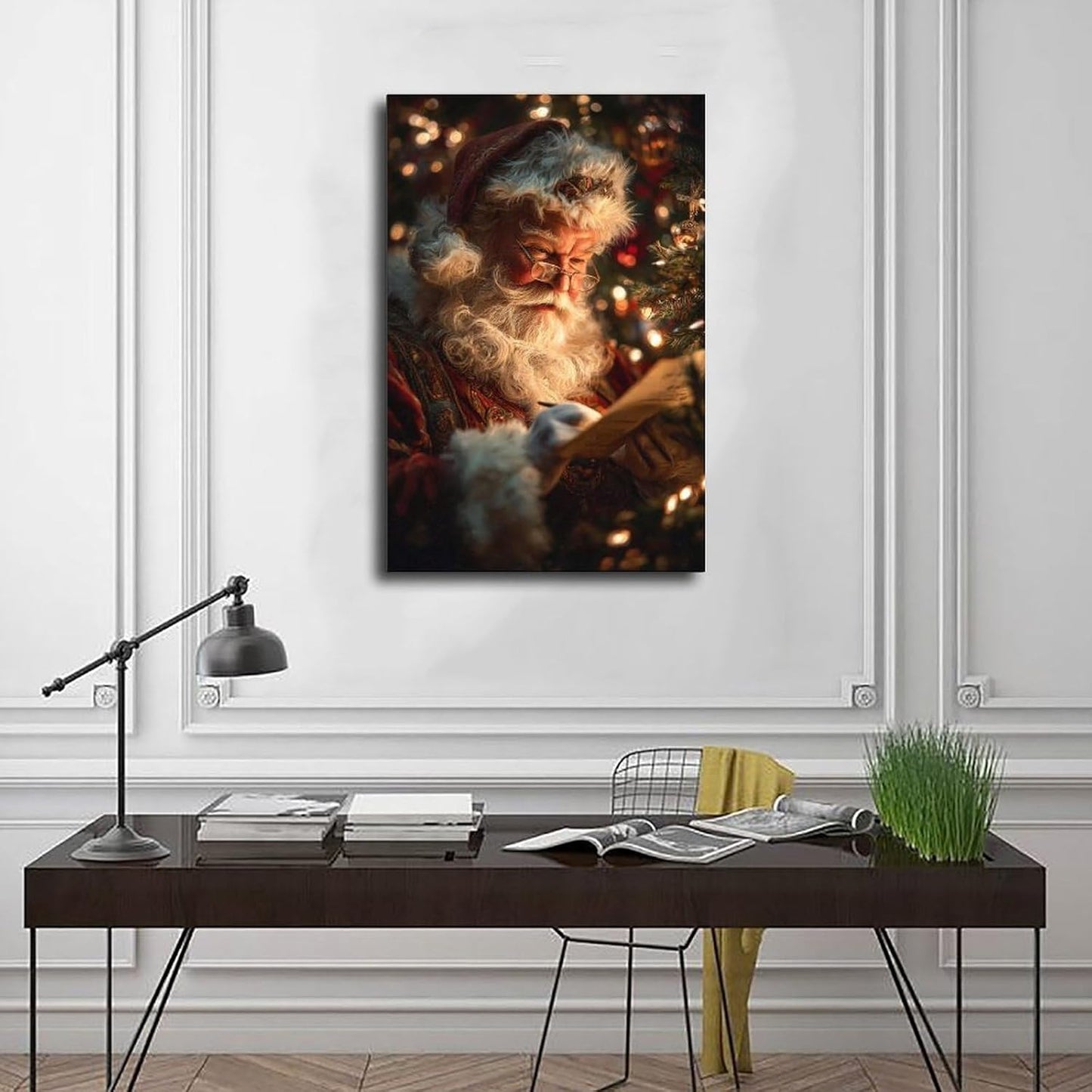 UZWGG 1pcs Frameless Vintage Santa Picture Prints Wall Art Santa Claus Reading Book Painting for Wall Decor Christmas Poster Xmas Decorations Nostalgic Xmas Gifts Canvas Roll16x24inch(40x60cm)