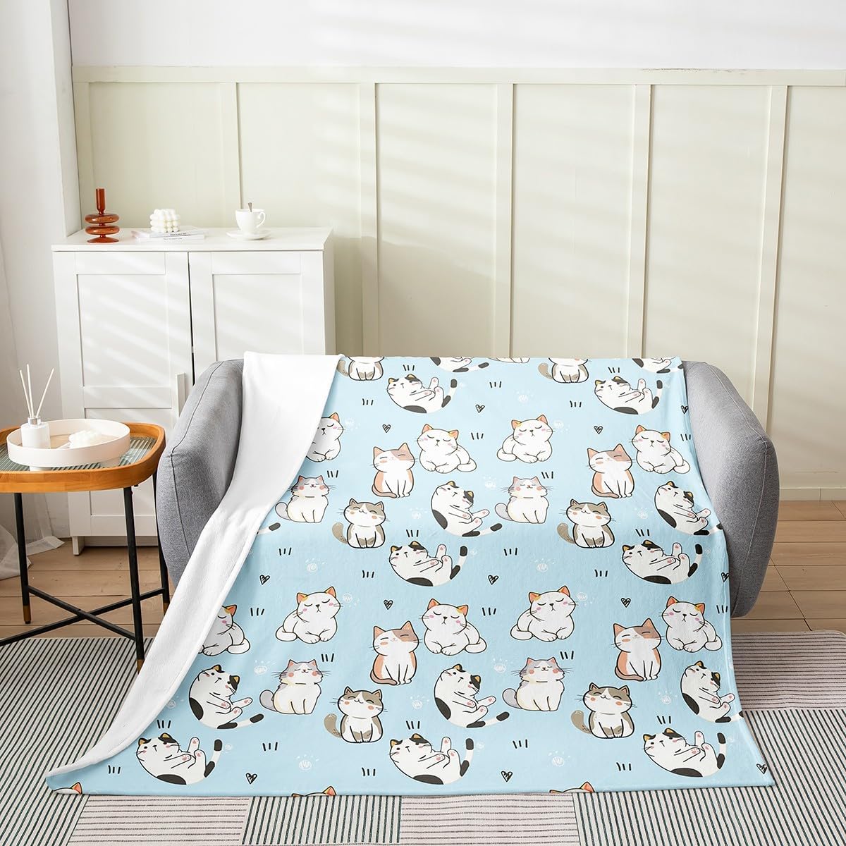 Erosebridal Cat Fleece Blanket Throw Size, Kawaii Garfield Cat Fuzzy Blanket for Kids Boys Girls, Paw Print Love Heart Throw Blanket, Cartoon Animals Soft Flannel Blanket, Blue