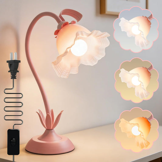 Flower Table Lamp,Bedside Vintage Flower Night Light,3 Colors Modes Kawaii Led Reading Light for Nightstands Living Room Bedroom Ambient Lighting Home Office Decor (Gradient Pink)