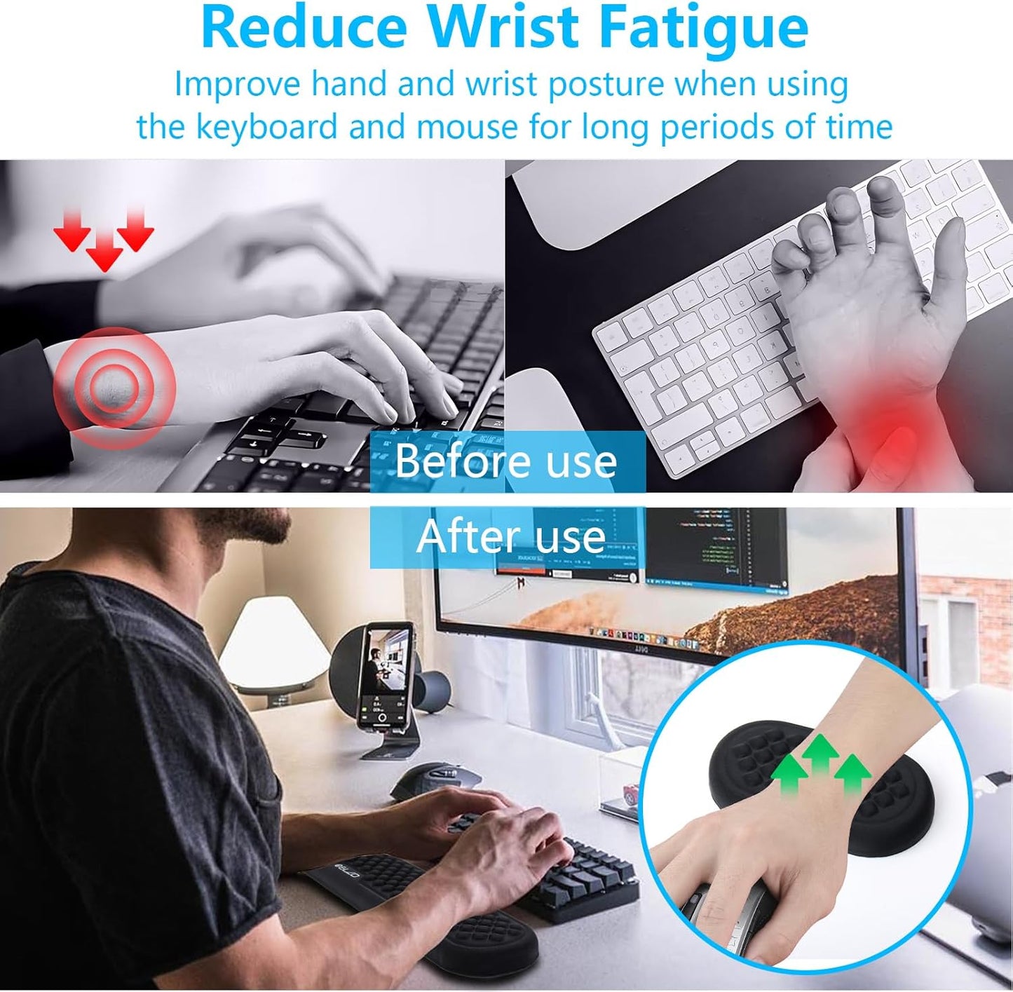 ELZO Wrist Rest for Keyboard and Mouse, Soft Memory Foam Wrist Support, Computer Ergonomic Wrist Support Pad, Non-Slip Wrist Rest for Computer Keyboard, Made Easy Typing & Relieve Wrist Pain(Black)