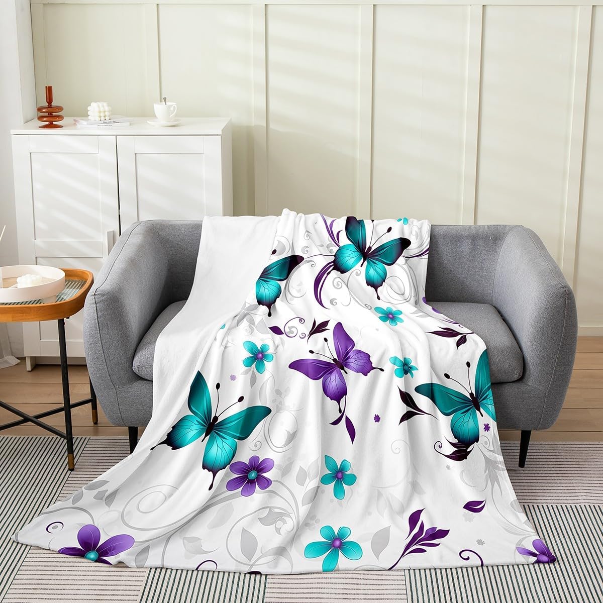 Erosebridal Teal Purple Butterflies Blanket for Kids Girls,Vintage Floral Print Throw Blanket Warm,Flying Butterflies Fleece Blanket for Living Room,Wild Animal Fuzzy Blanket Twin 60x80 Inch