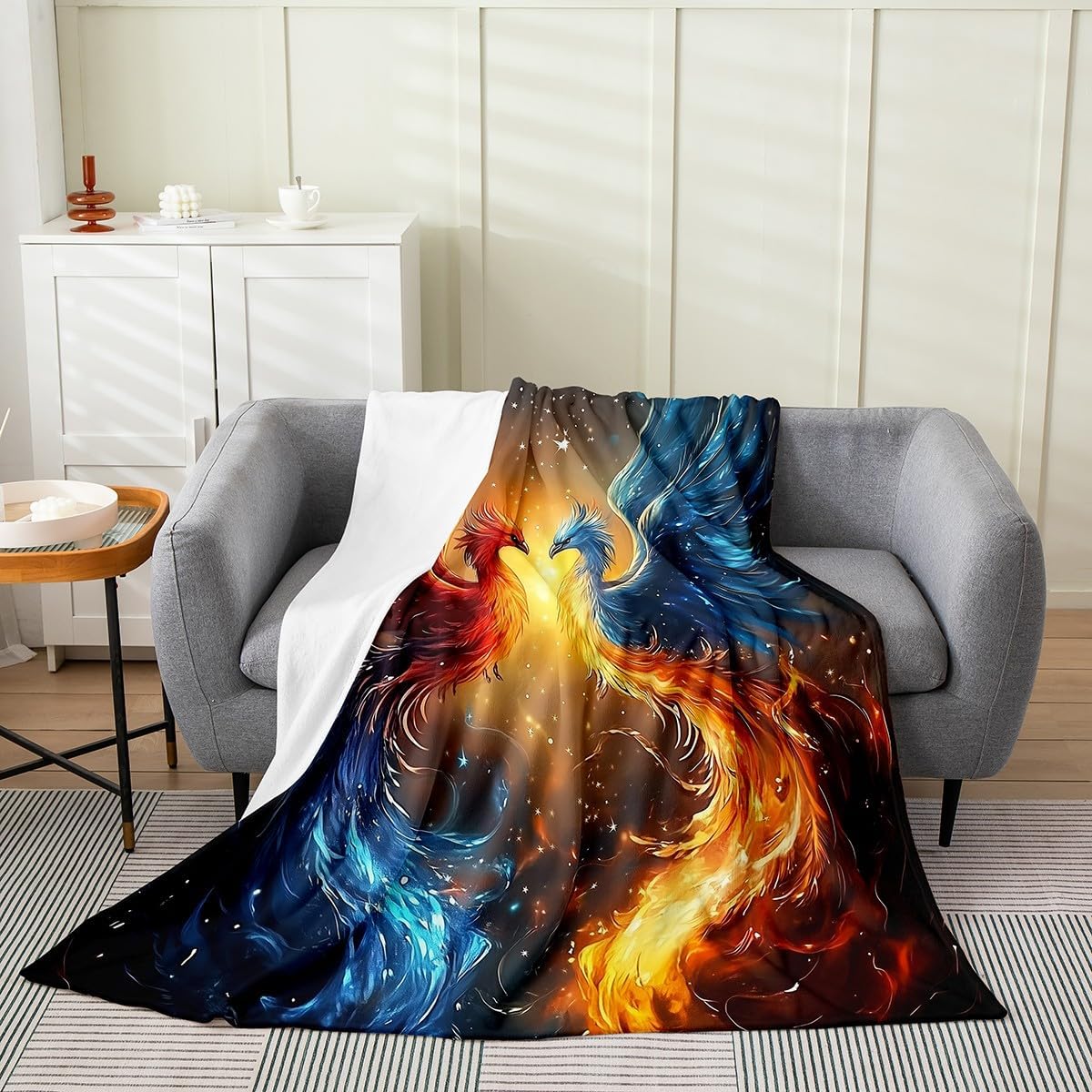 Erosebridal Couple Phoenix Blanket Twin 60X80 Ice Fire Phoenix Throw Blanket Magical Birds Animals Fleece Blanket Glitter Starry Sky Valentine's Day Fuzzy Blanket for Women Men