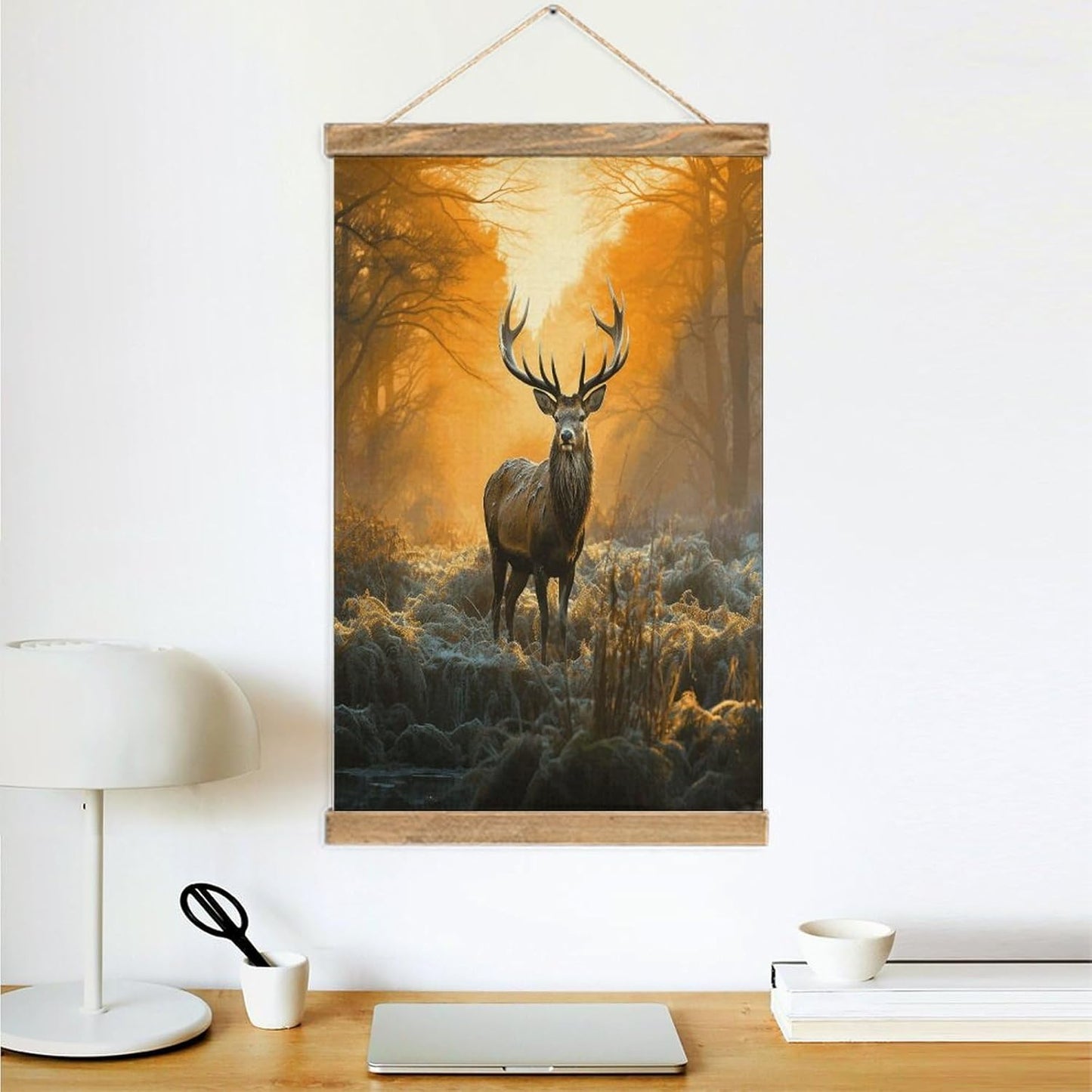 Vintage Deer in Forest Poster with Wooden Frame Personalized Linen Hanging Scroll Painting Rustic Wall Hanging Illustrative Modern Artwork Decor for Home Living Room Bedroom Office