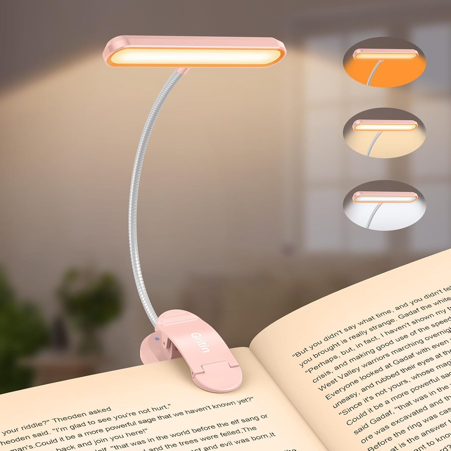 Gritin Rechargeable Book Light for Reading in Bed with 19 LED &Memory Function-Eye Caring 3 Color Temperatures,5 Brightness Levels,90 Hrs Runtime Flexible Goose Neck Clip on Light-Pink
